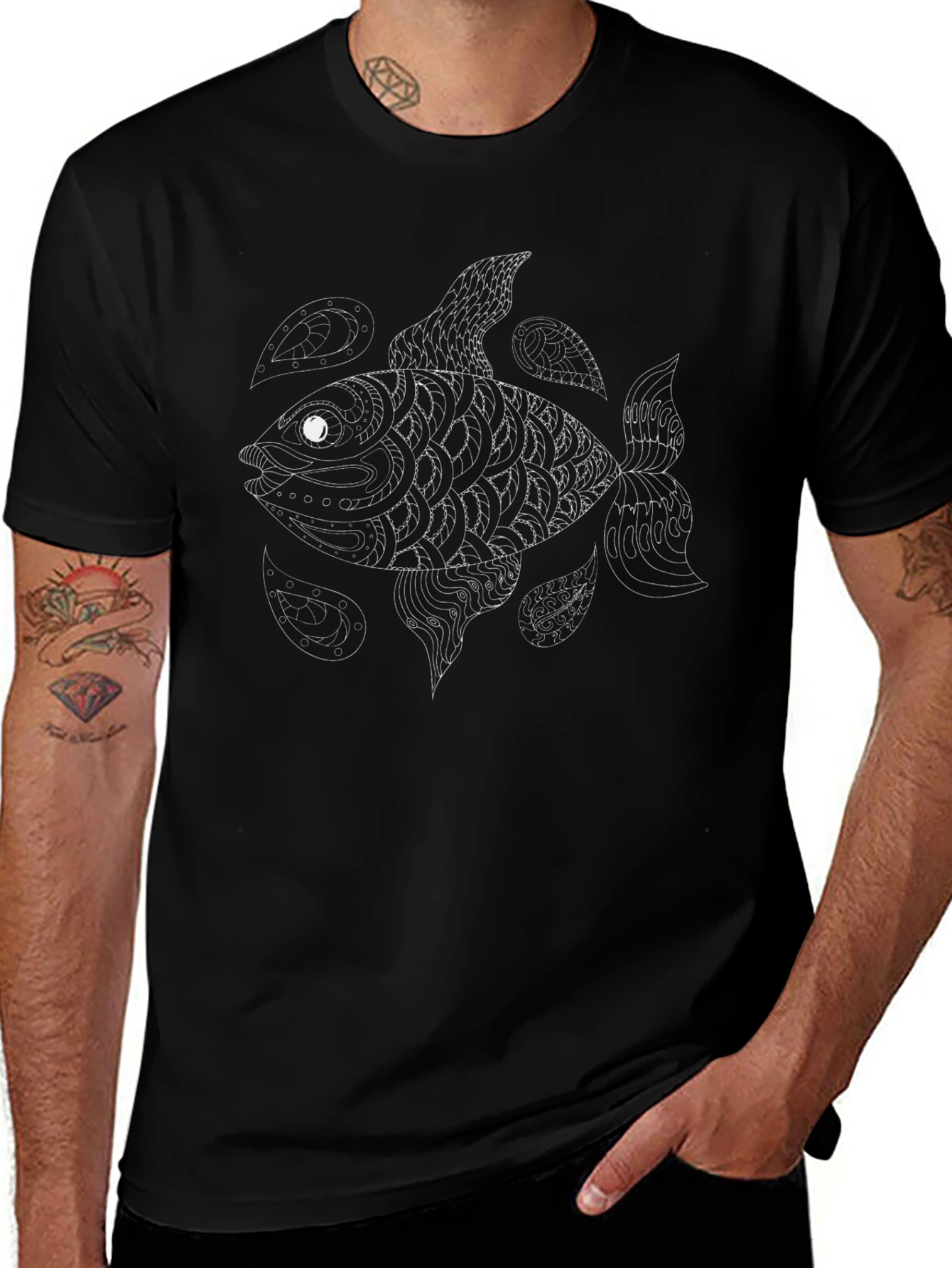 Abstract Fish Graphic Tee - Black