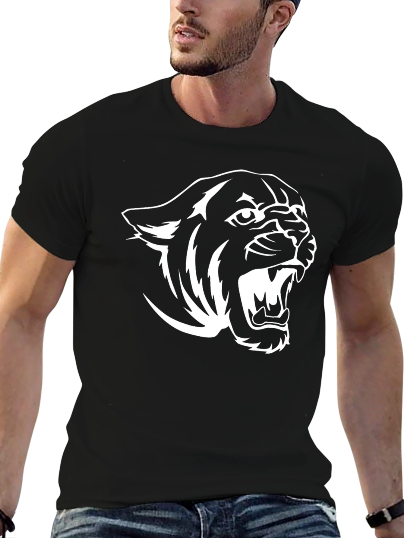 Black T-Shirt with White Panther Graphic