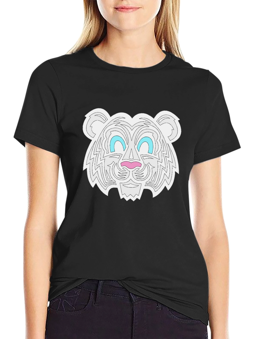 Graphic Tee - White Tiger Print Black T-Shirt