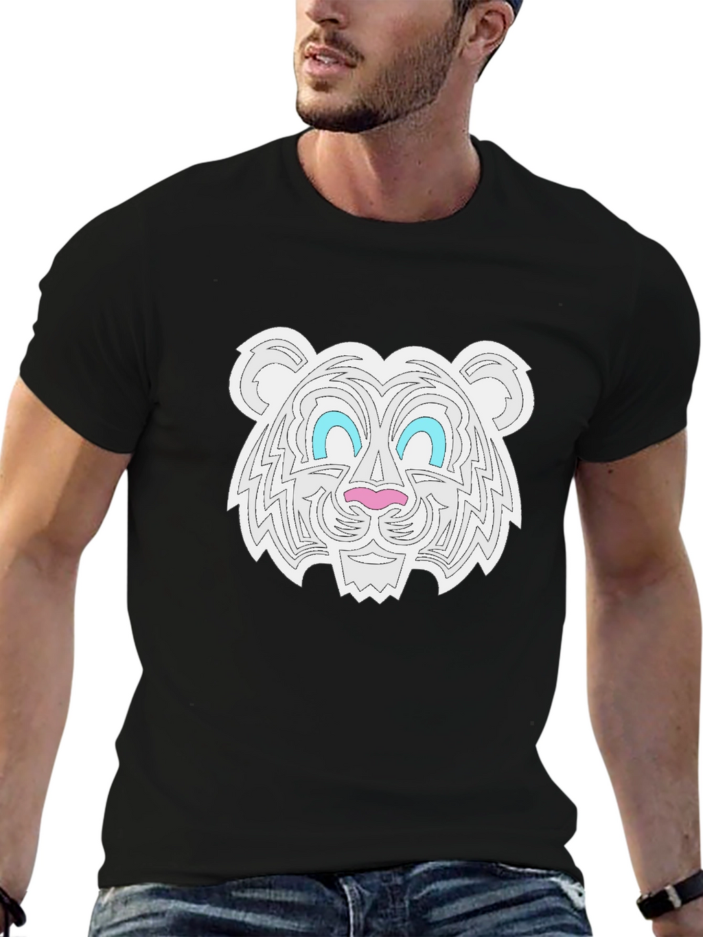 Graphic Tee - White Tiger Print Black T-Shirt
