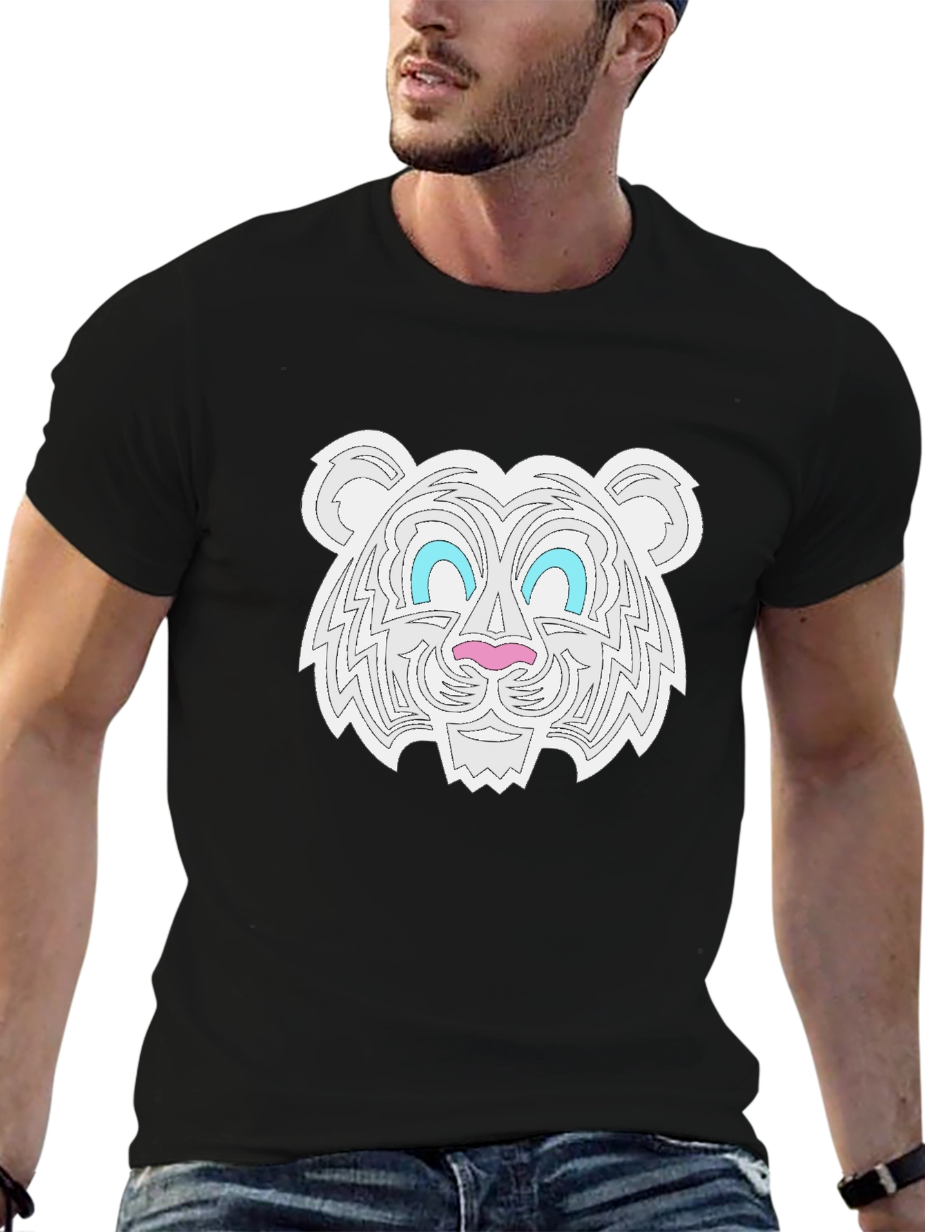 Graphic Tee - White Tiger Print Black T-Shirt