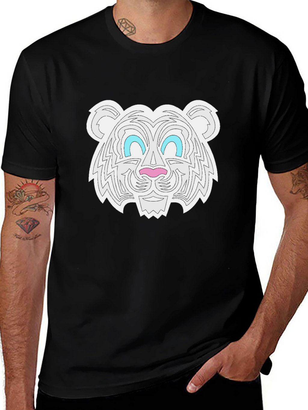 Graphic Tee - White Tiger Print Black T-Shirt