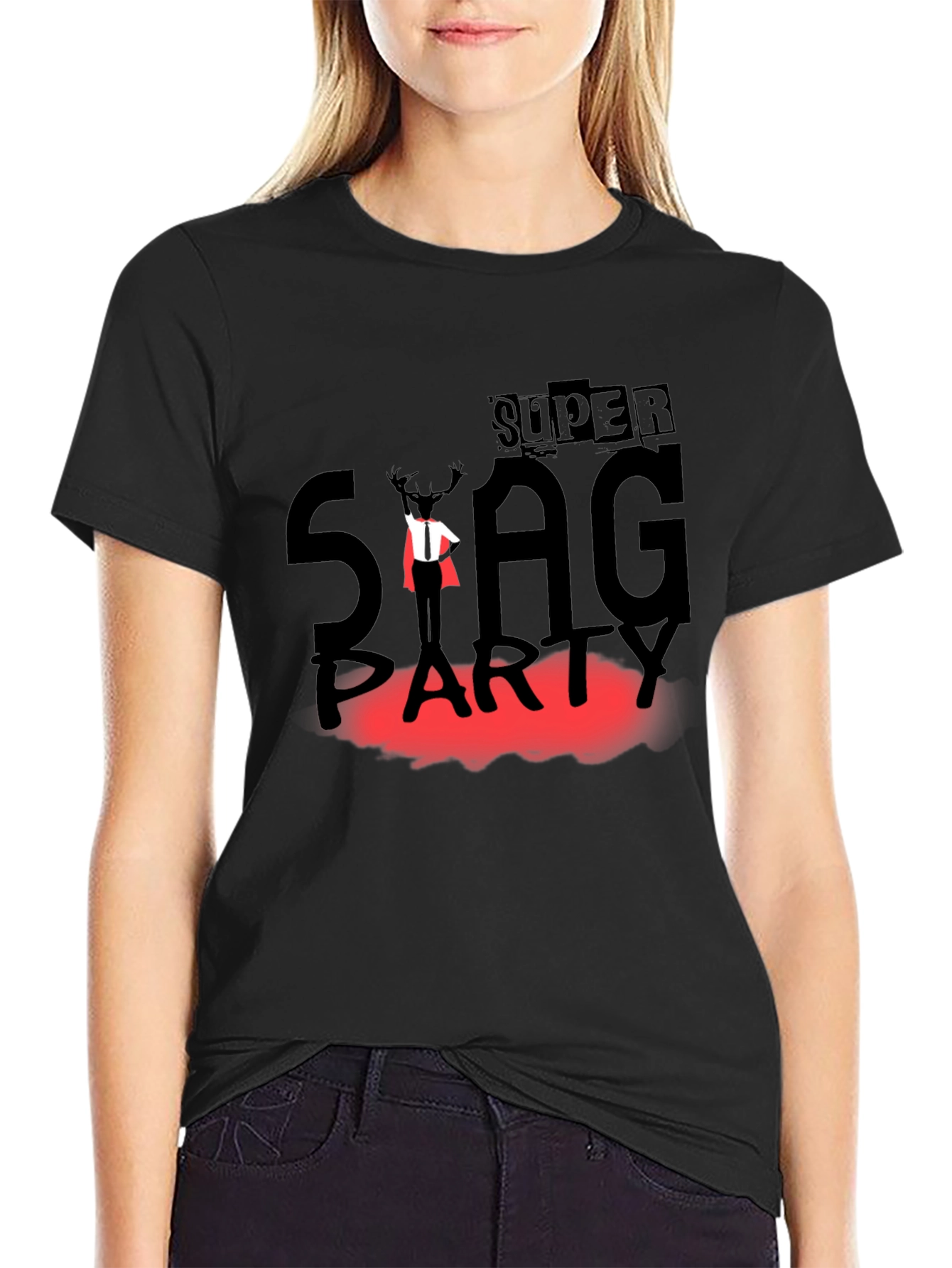 Super Stag Party Black T-Shirt - Fun & Festive Design