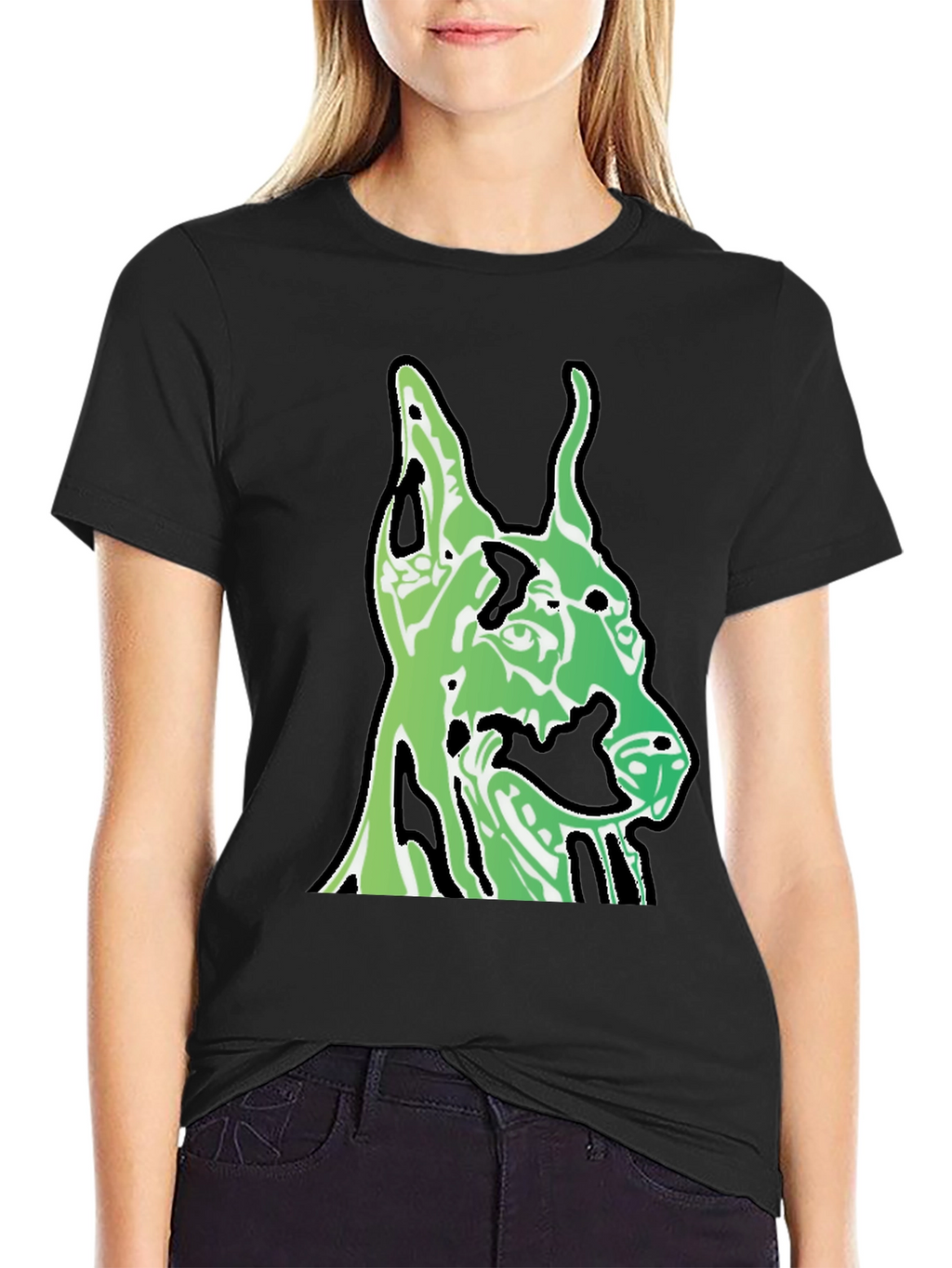 Green Dog Head Graphic Black T-Shirt