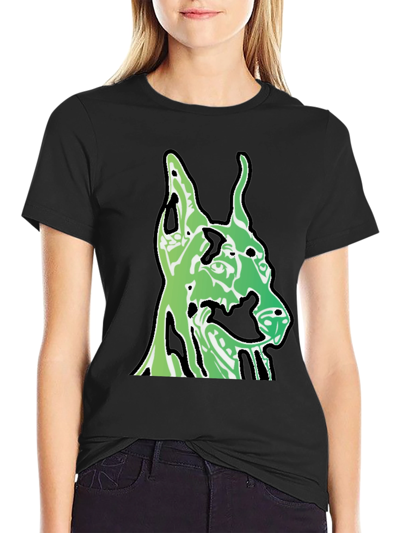 Green Dog Head Graphic Black T-Shirt