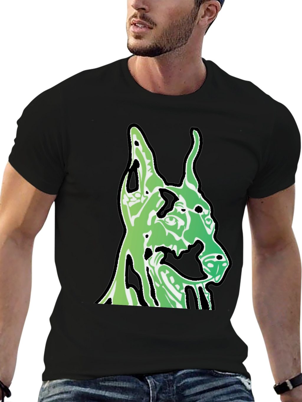 Green Dog Head Graphic Black T-Shirt