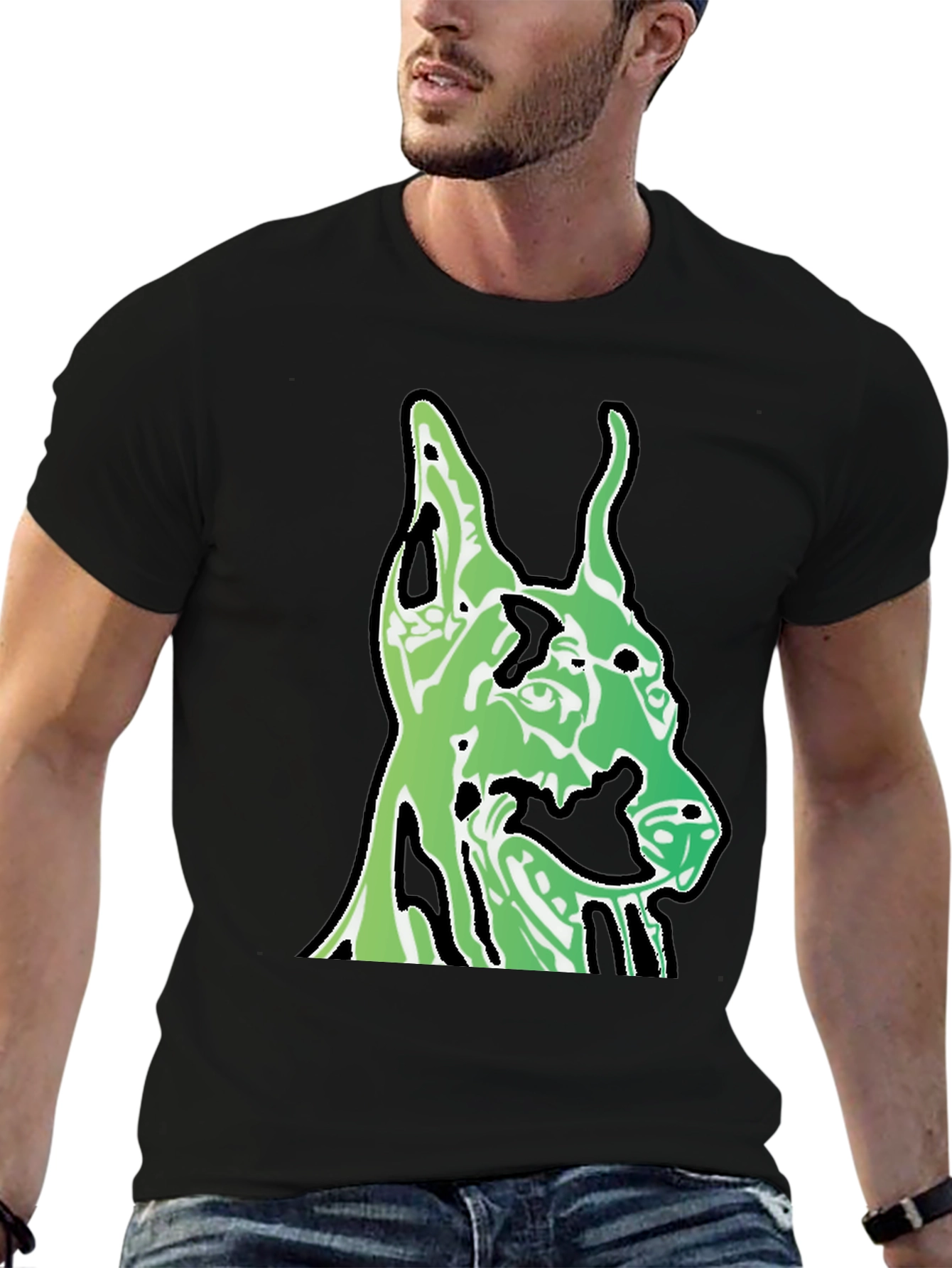 Green Dog Head Graphic Black T-Shirt