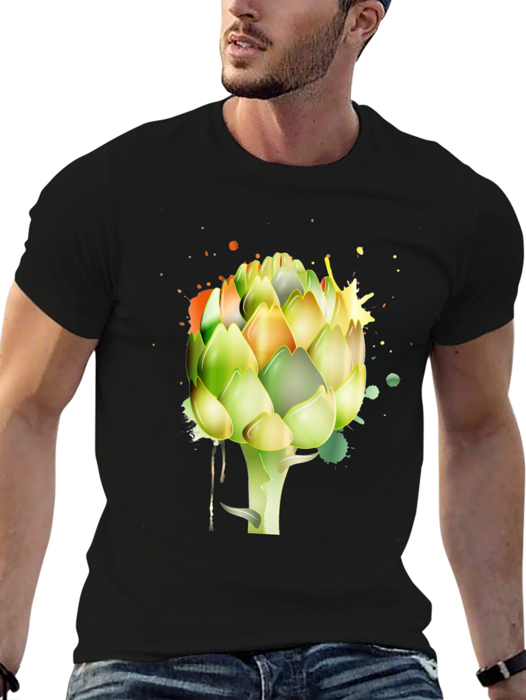 Artichoke Splash Graphic Tee - Unique Mens Black T-Shirt
