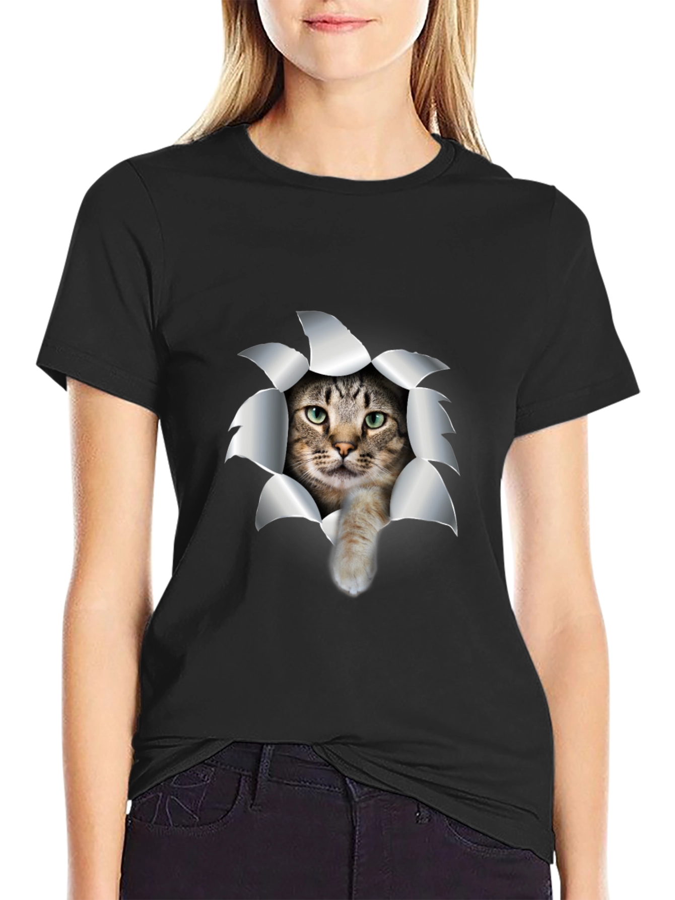 Cat Rip T-Shirt - Black Cotton Tee