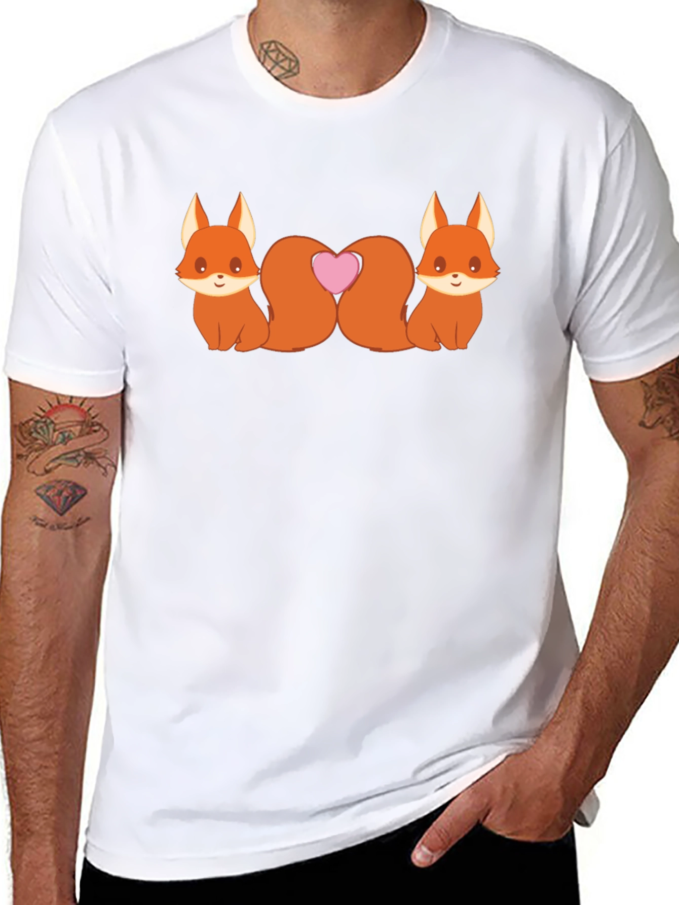 Cute Foxes Heart Tail Black T-Shirt