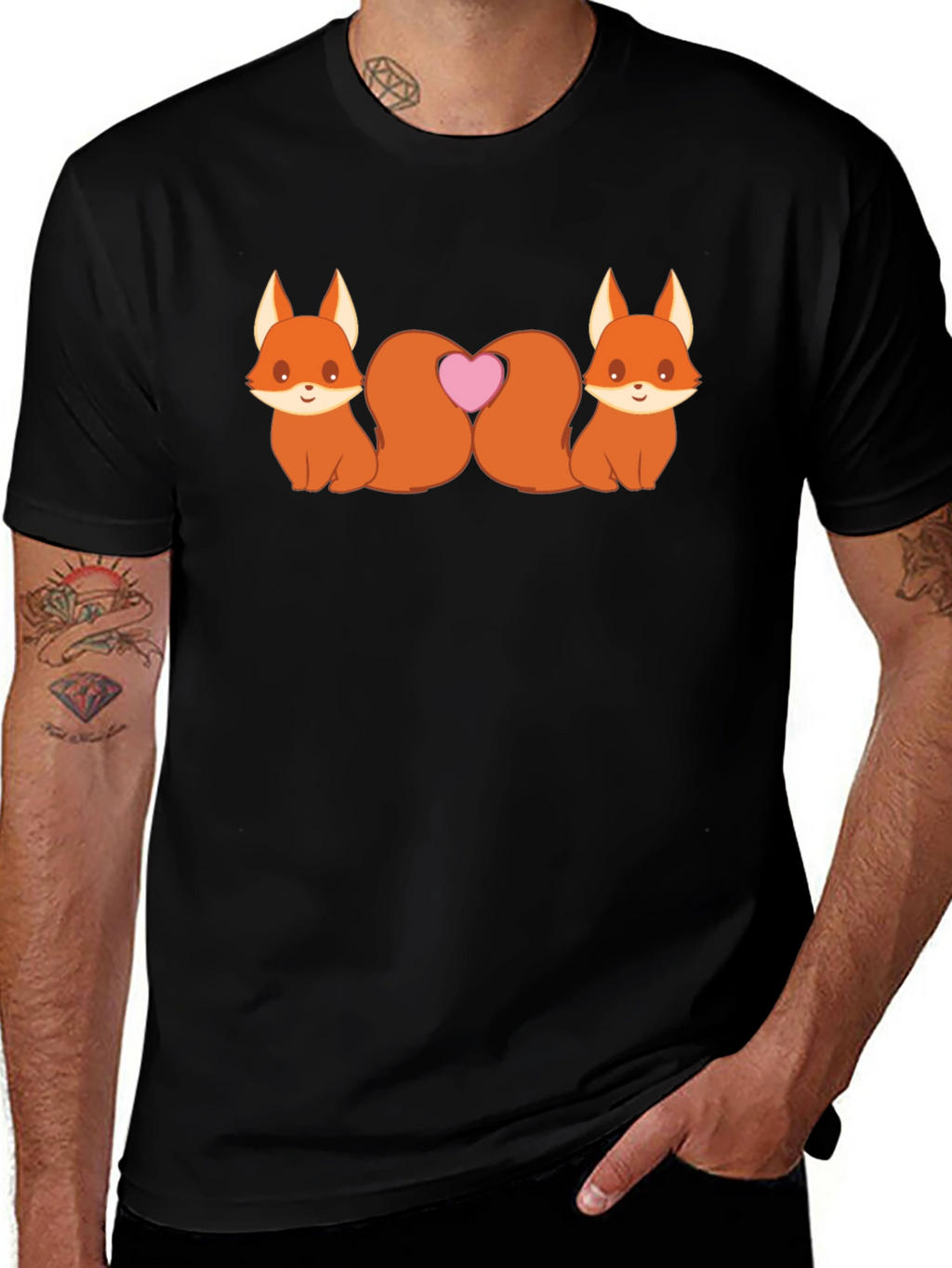 Cute Foxes Heart Tail Black T-Shirt