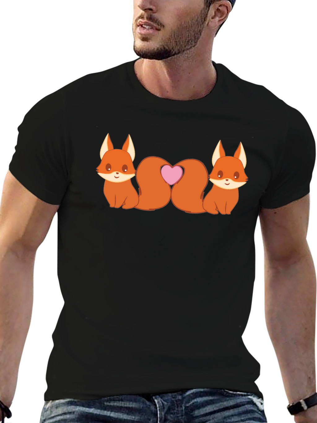 Cute Foxes Heart Tail Black T-Shirt