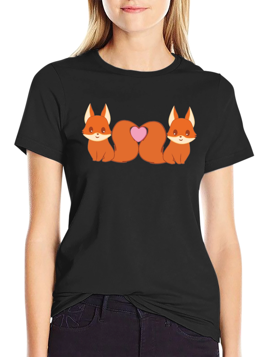 Cute Foxes Heart Tail Black T-Shirt