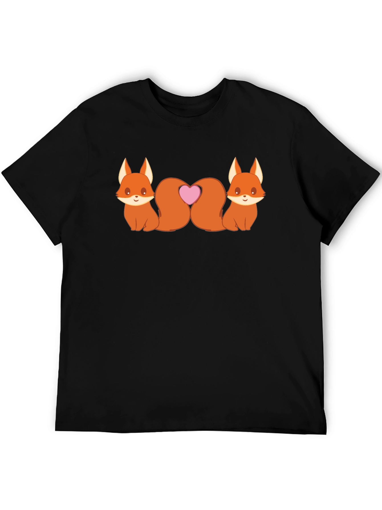 Cute Foxes Heart Tail Black T-Shirt