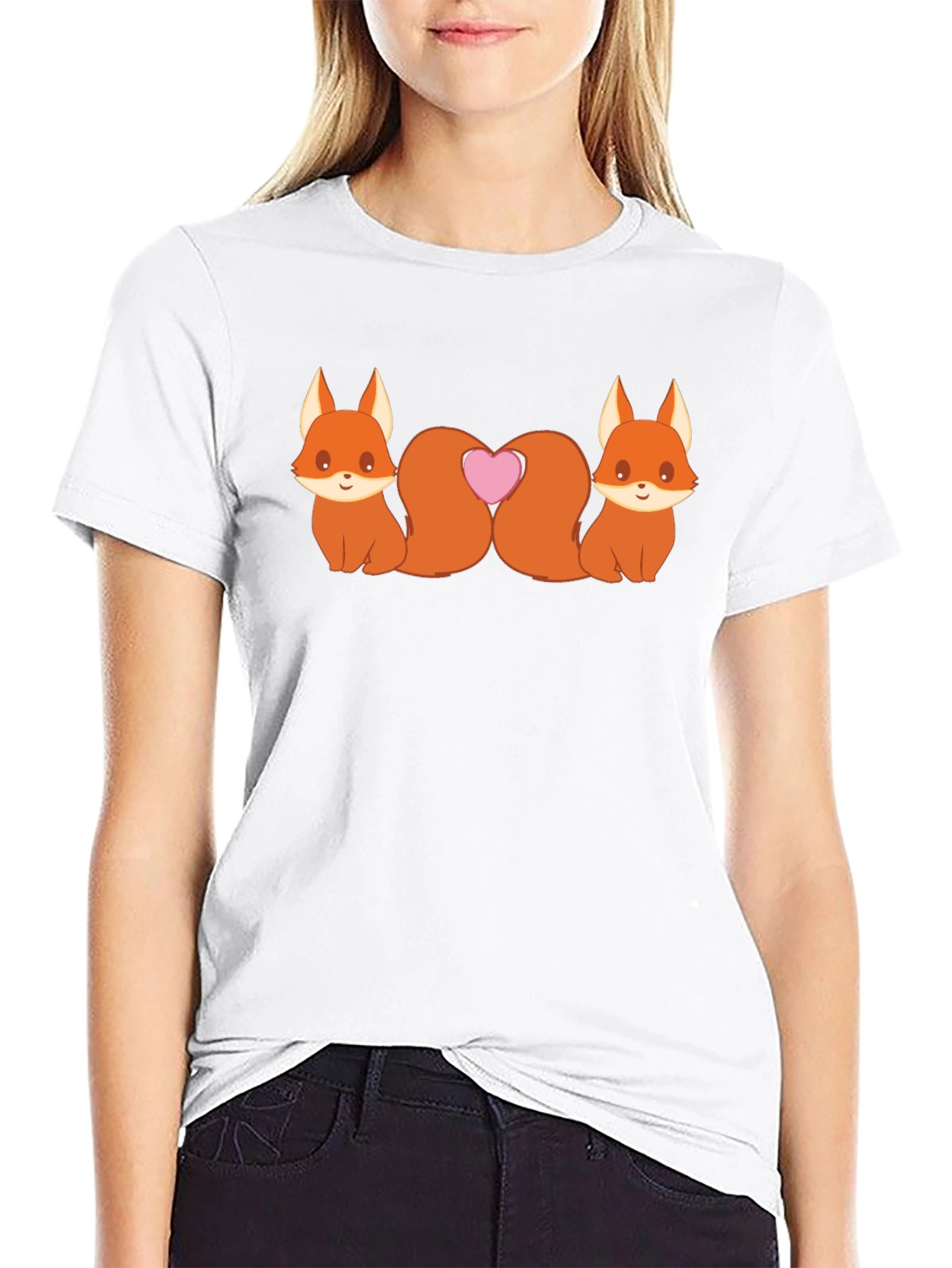 Cute Foxes Heart Tail Black T-Shirt