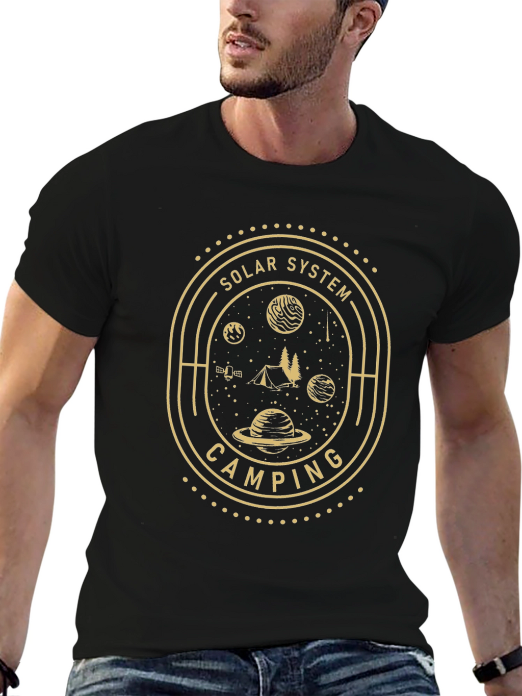 Solar System Camping Black Graphic T-Shirt