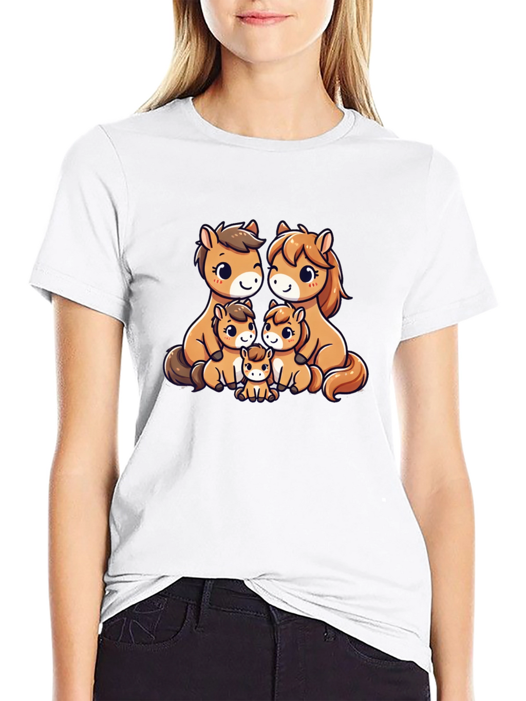 Cute Cartoon Horse Family Black T-Shirt