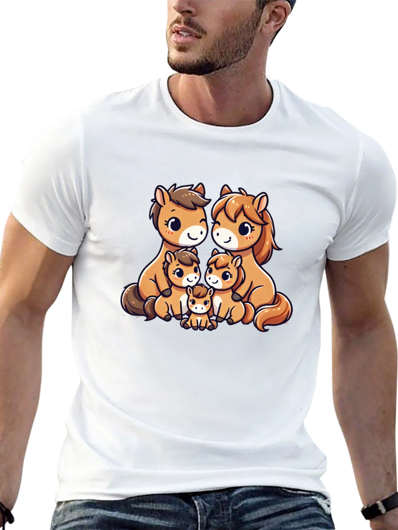 Cute Cartoon Horse Family Black T-Shirt