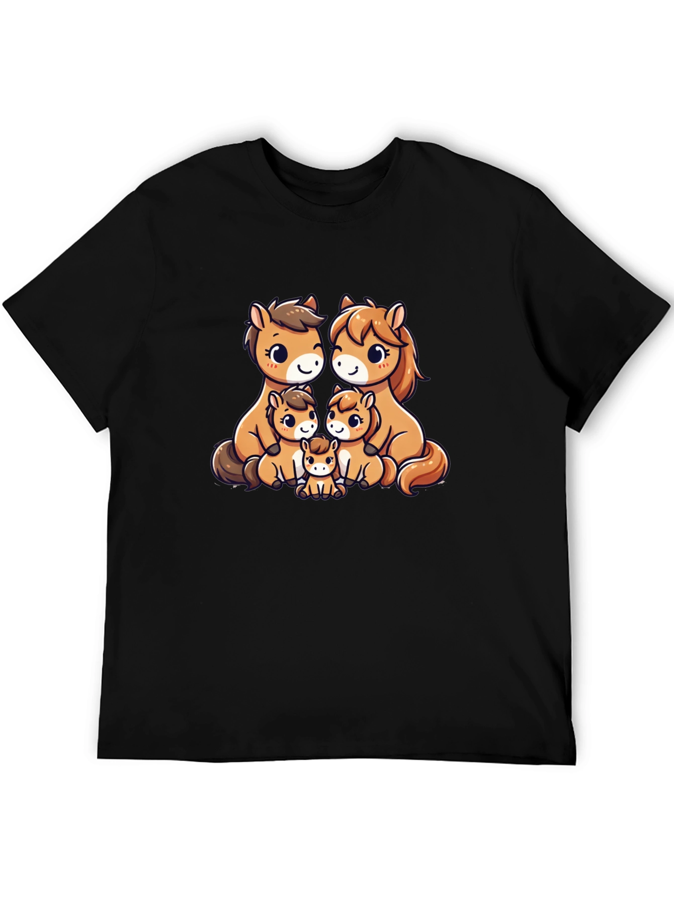 Cute Cartoon Horse Family Black T-Shirt