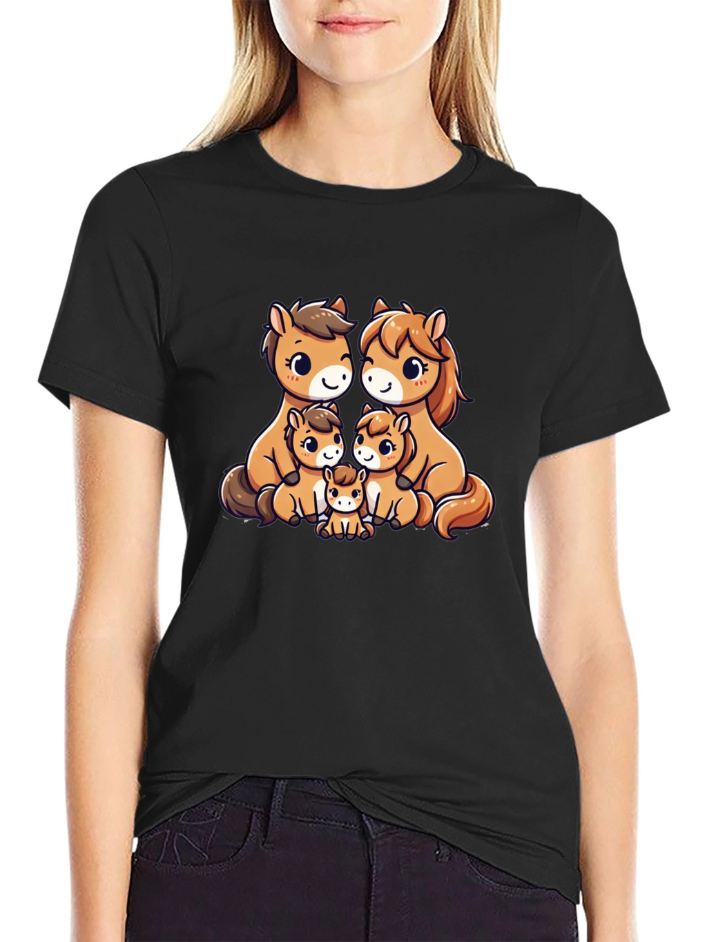 Cute Cartoon Horse Family Black T-Shirt