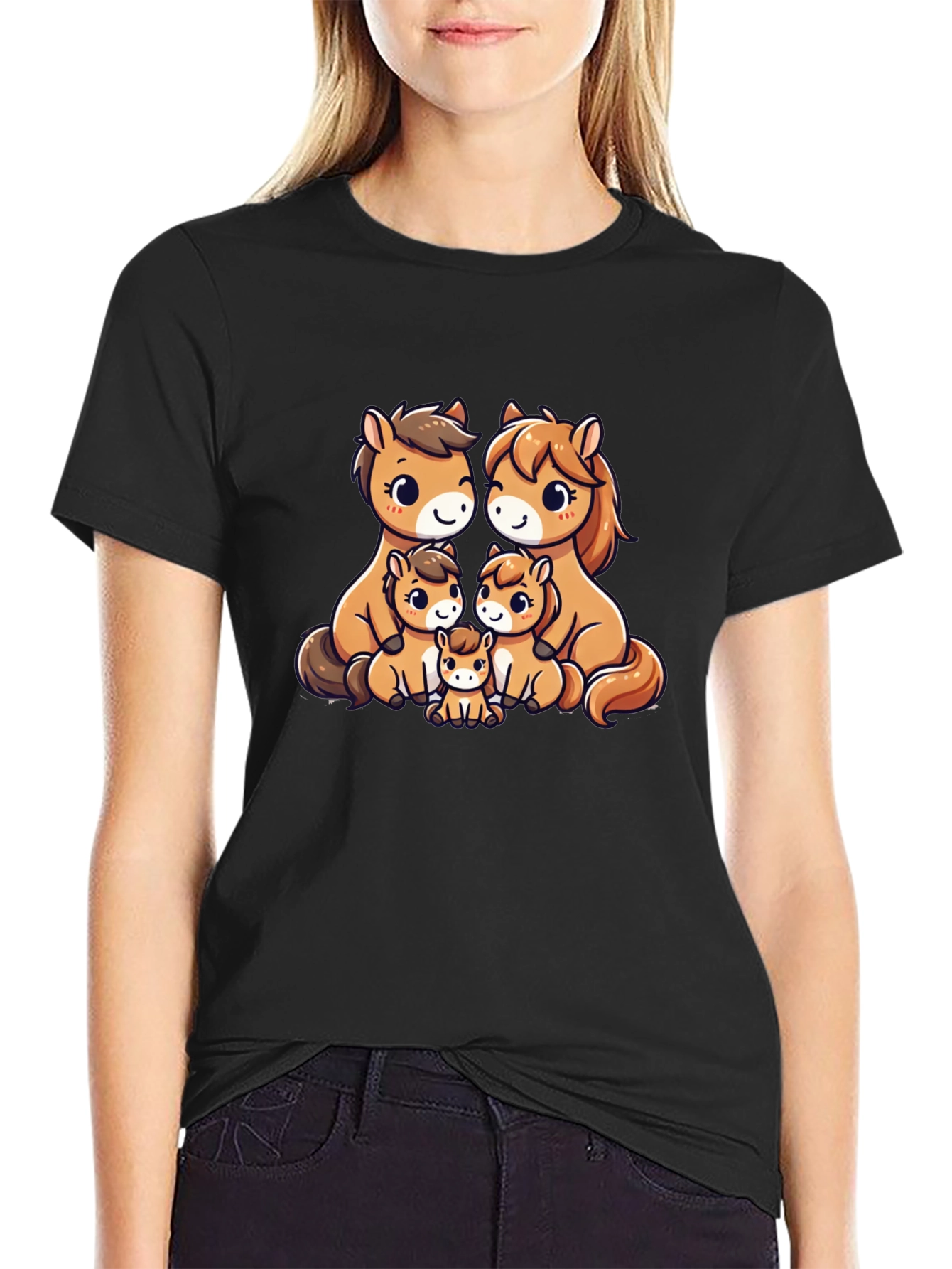 Cute Cartoon Horse Family Black T-Shirt