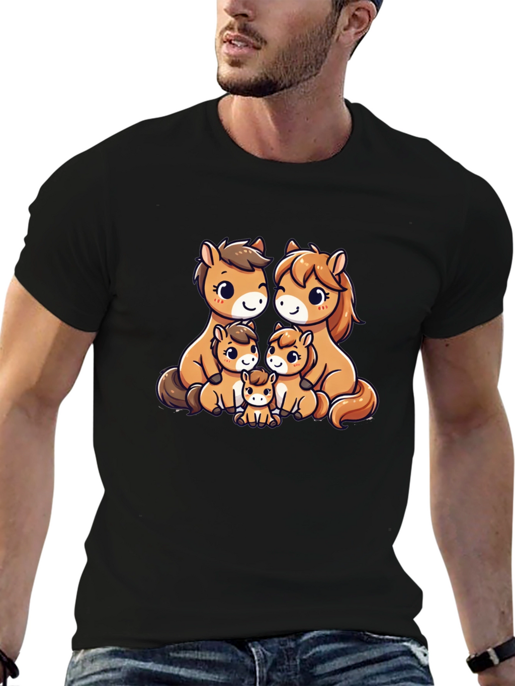 Cute Cartoon Horse Family Black T-Shirt