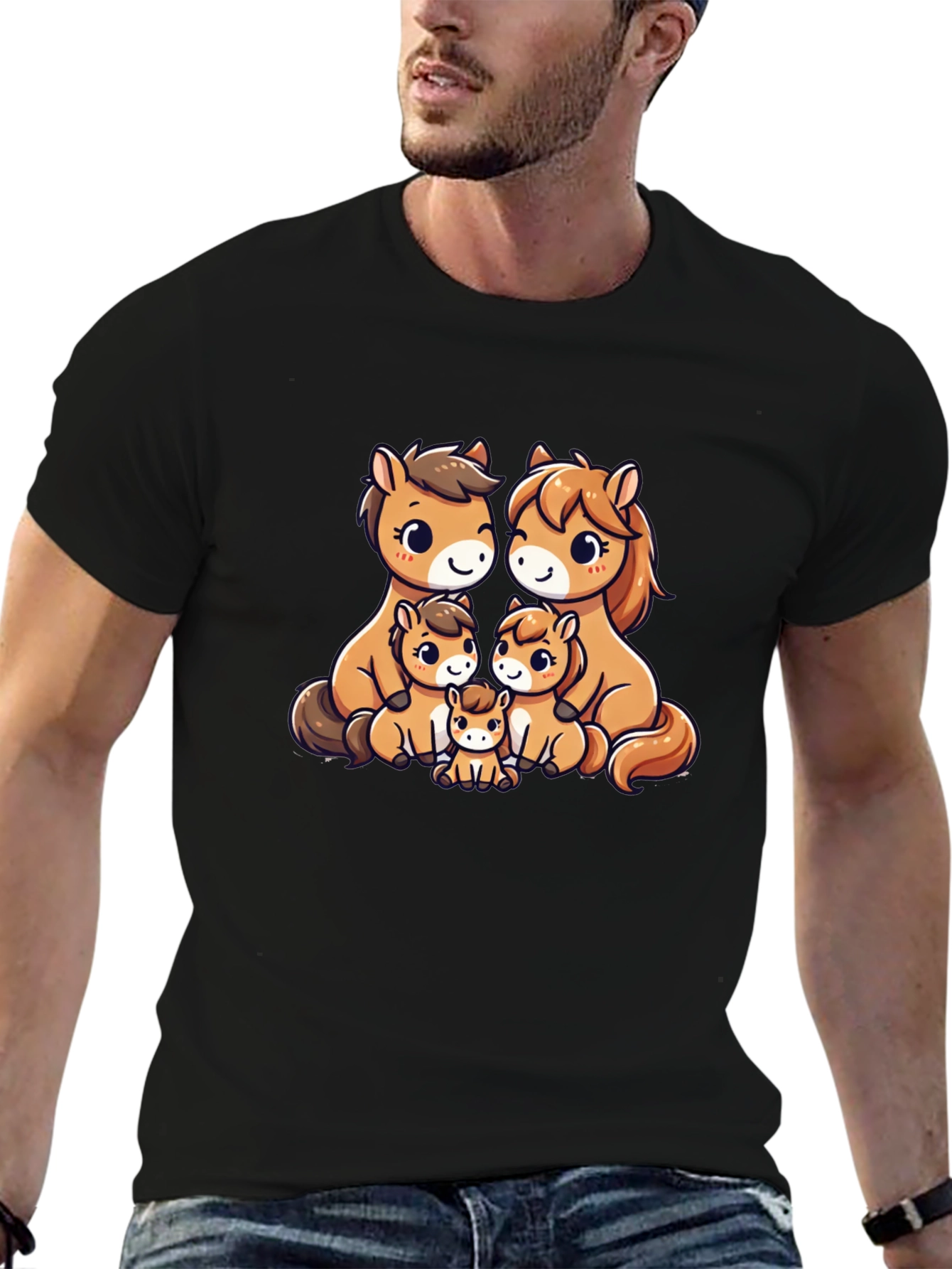 Cute Cartoon Horse Family Black T-Shirt