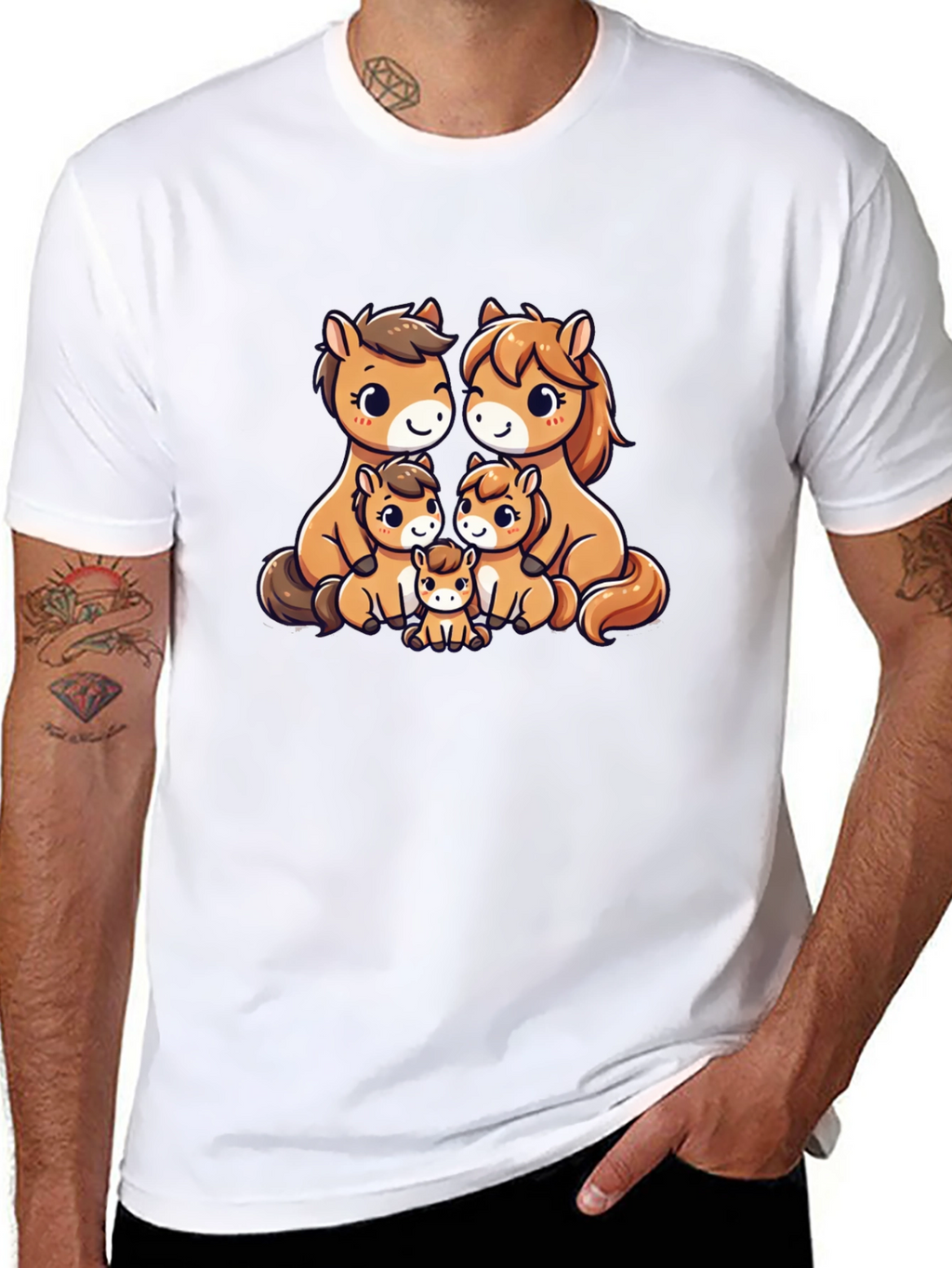 Cute Cartoon Horse Family Black T-Shirt