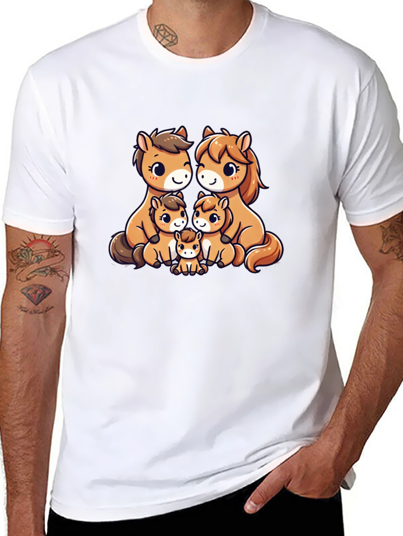 Cute Cartoon Horse Family Black T-Shirt