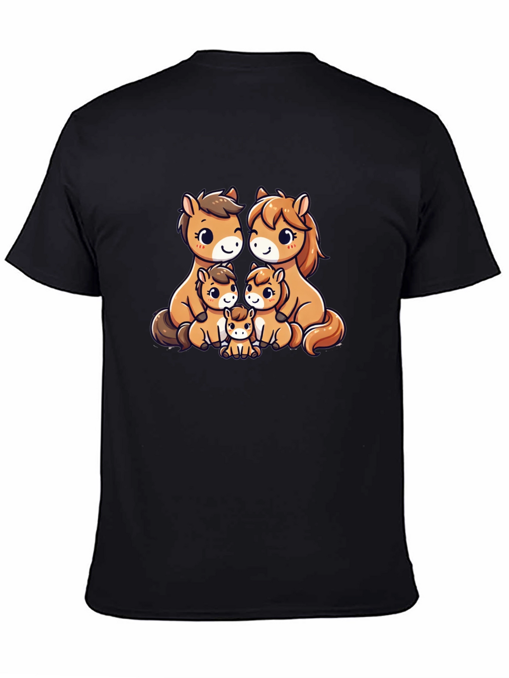 Cute Cartoon Horse Family Black T-Shirt