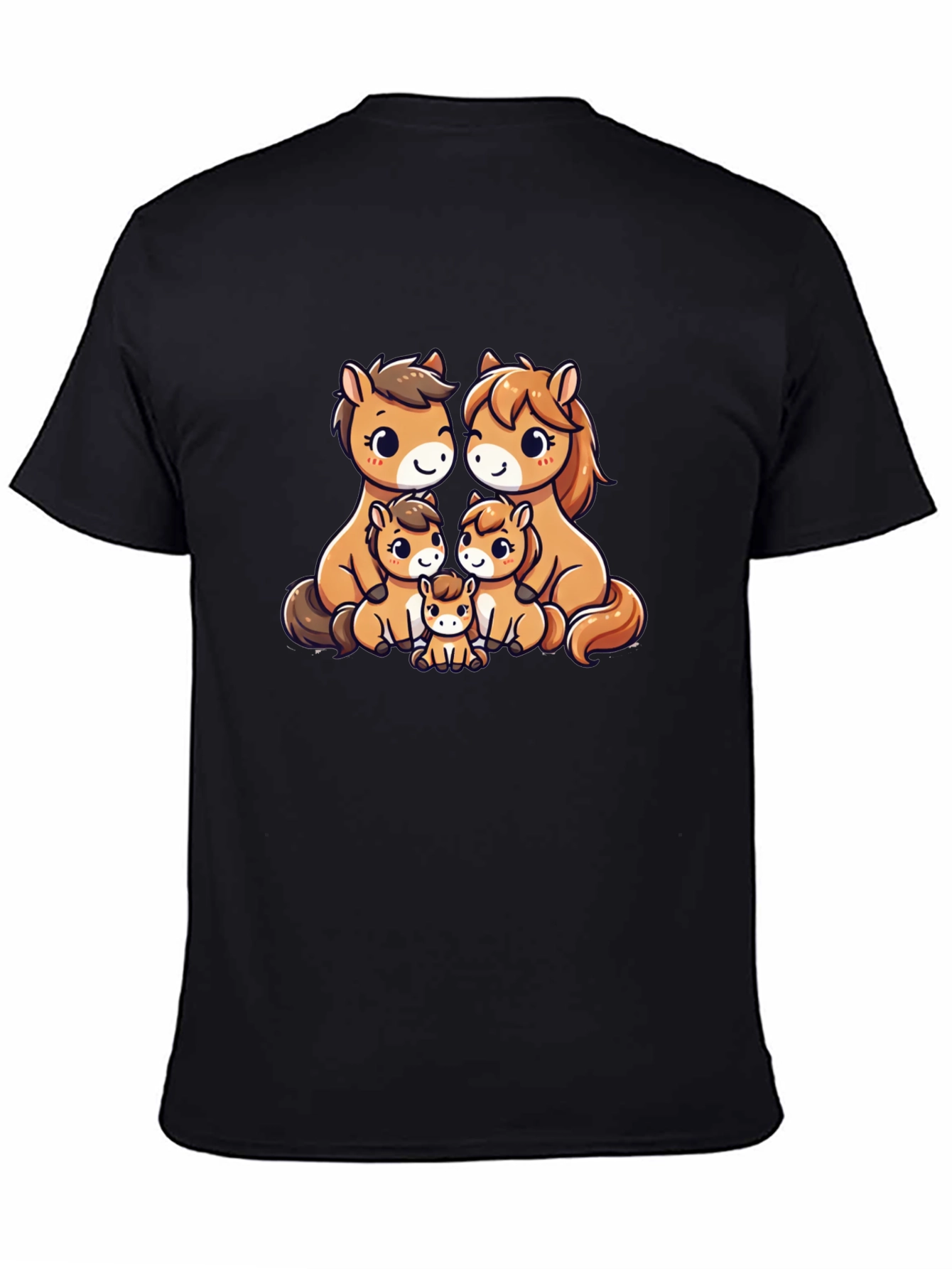Cute Cartoon Horse Family Black T-Shirt