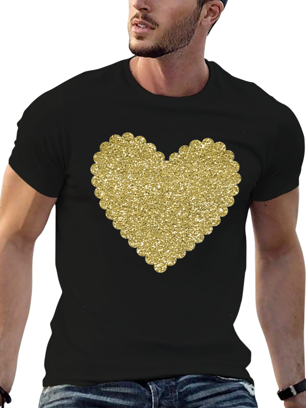 Glitter Heart Graphic Black T-Shirt