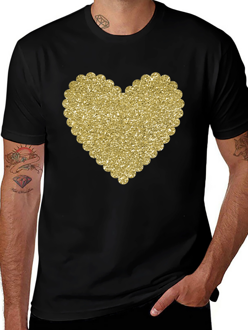 Glitter Heart Graphic Black T-Shirt