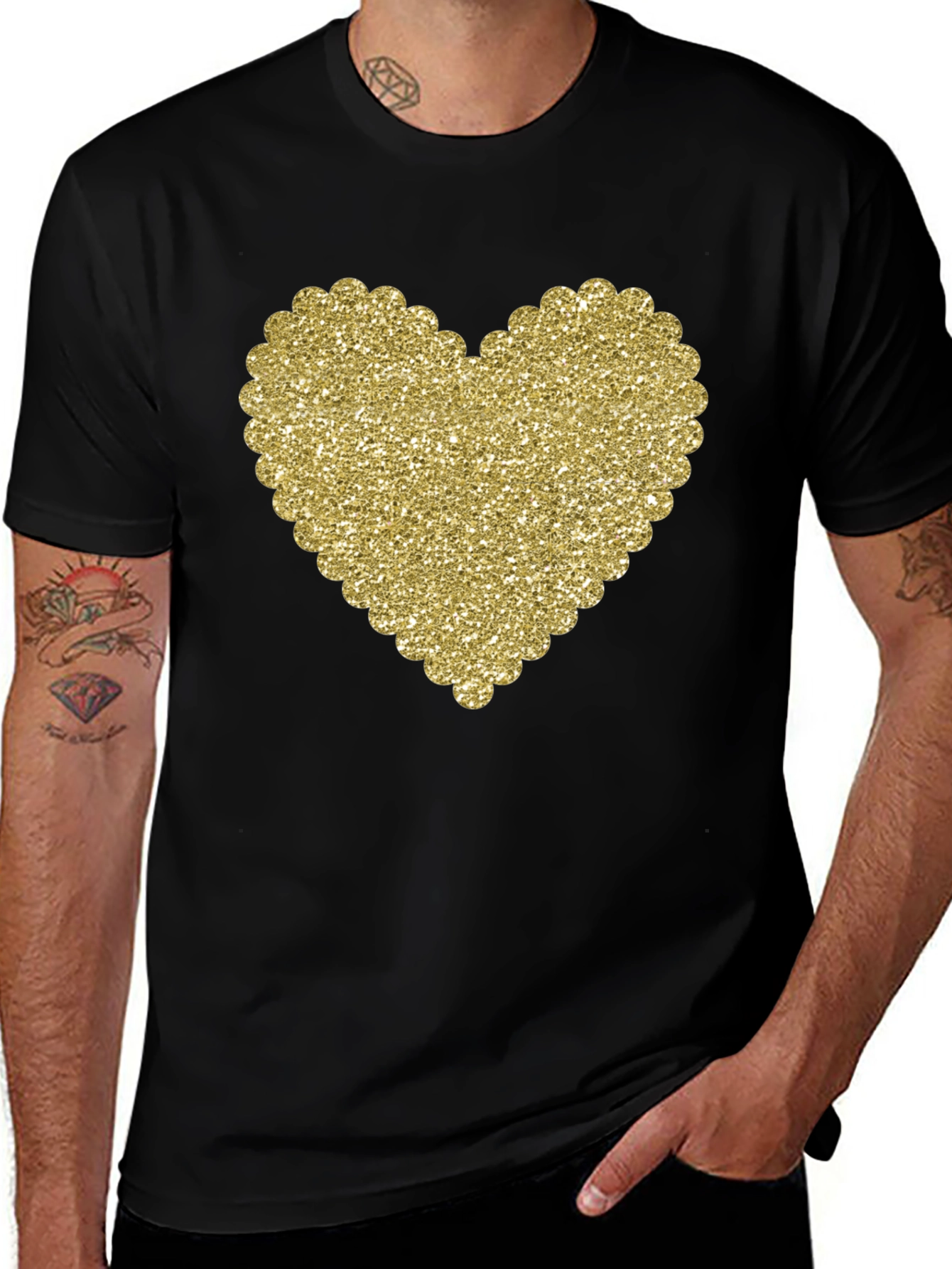 Glitter Heart Graphic Black T-Shirt