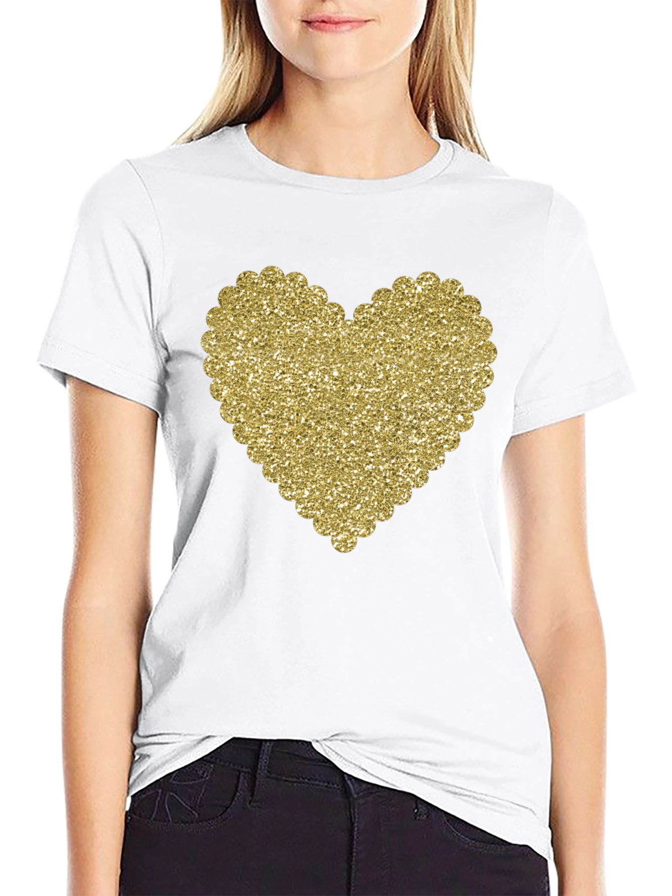 Glitter Heart Graphic Black T-Shirt