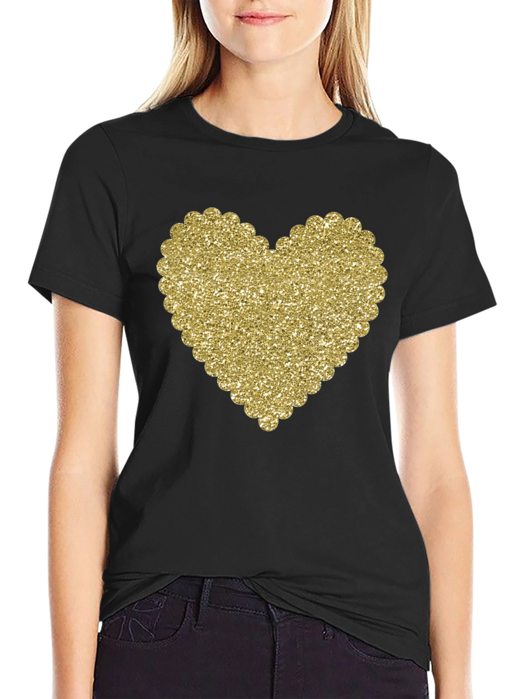 Glitter Heart Graphic Black T-Shirt
