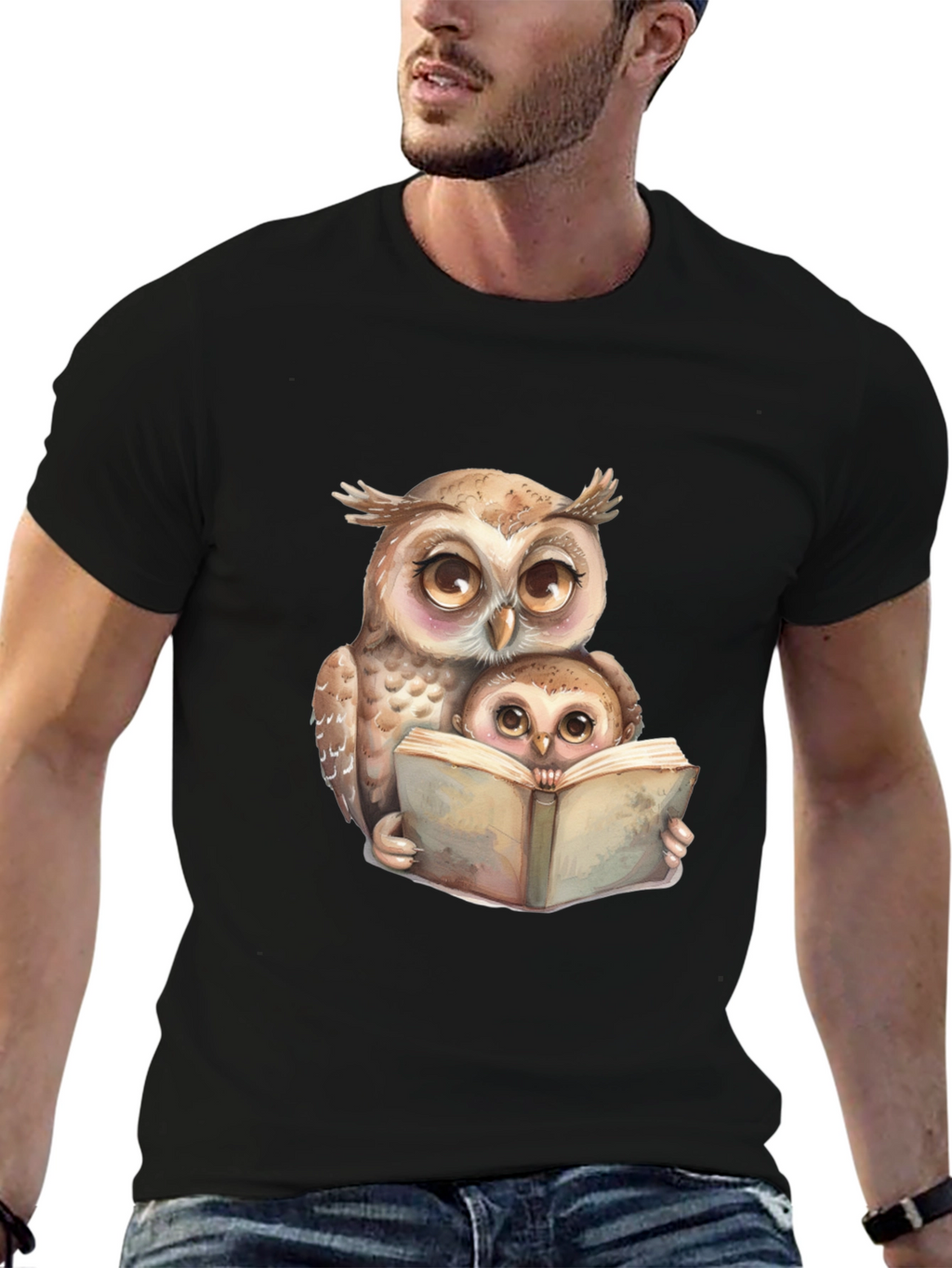 Owl & Baby Reading T-Shirt - Black