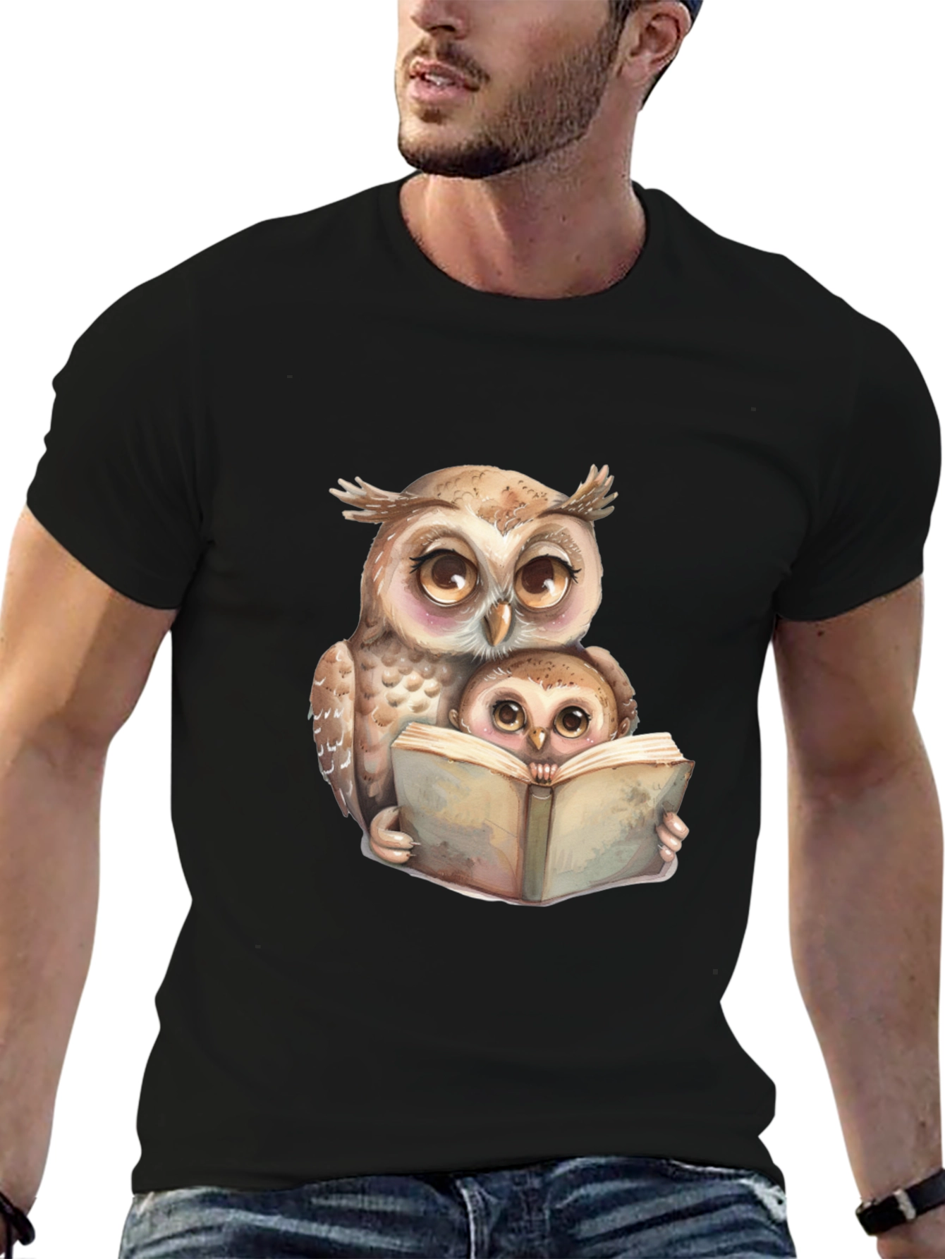 Owl & Baby Reading T-Shirt - Black