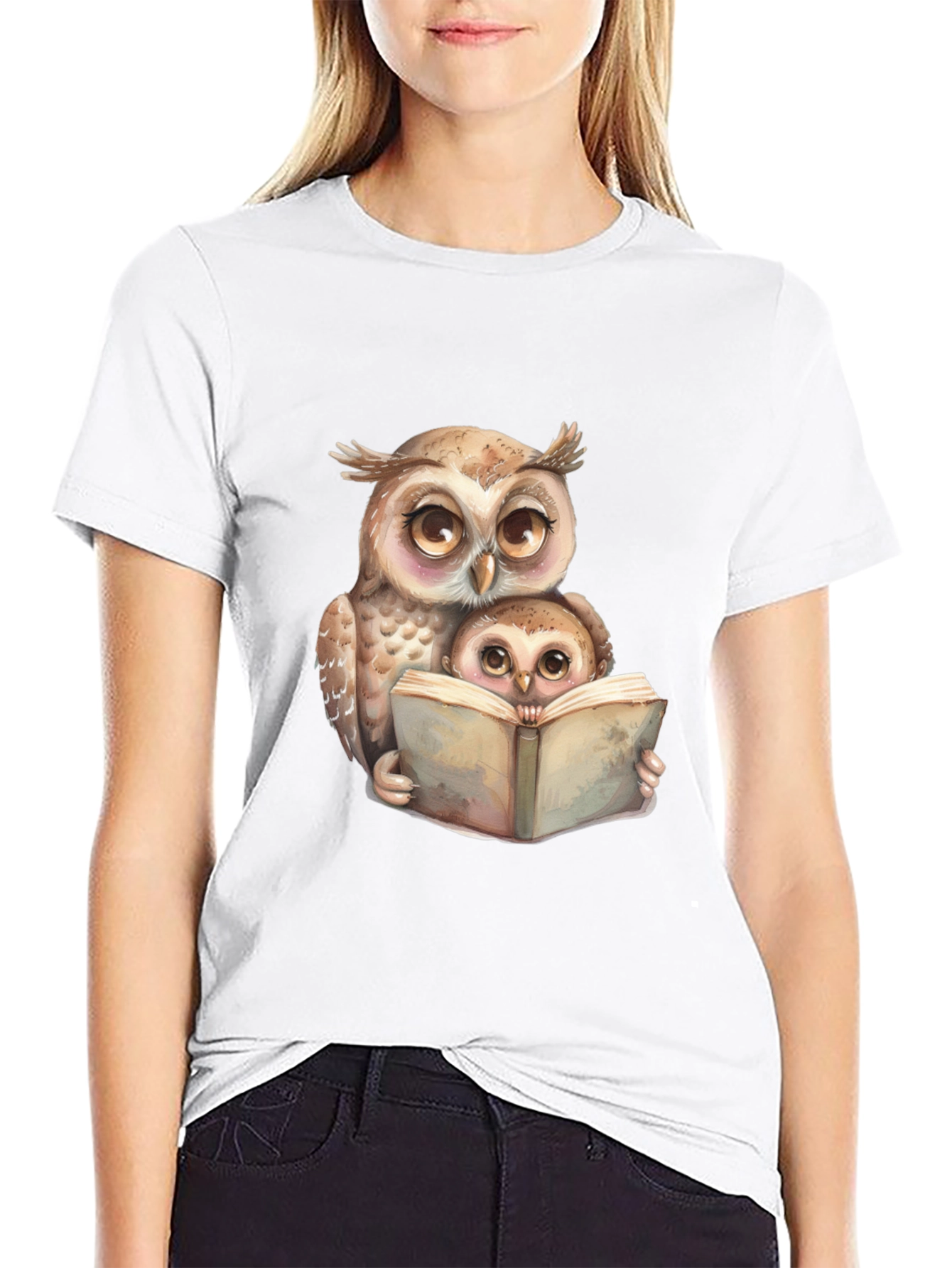 Owl & Baby Reading T-Shirt - Black