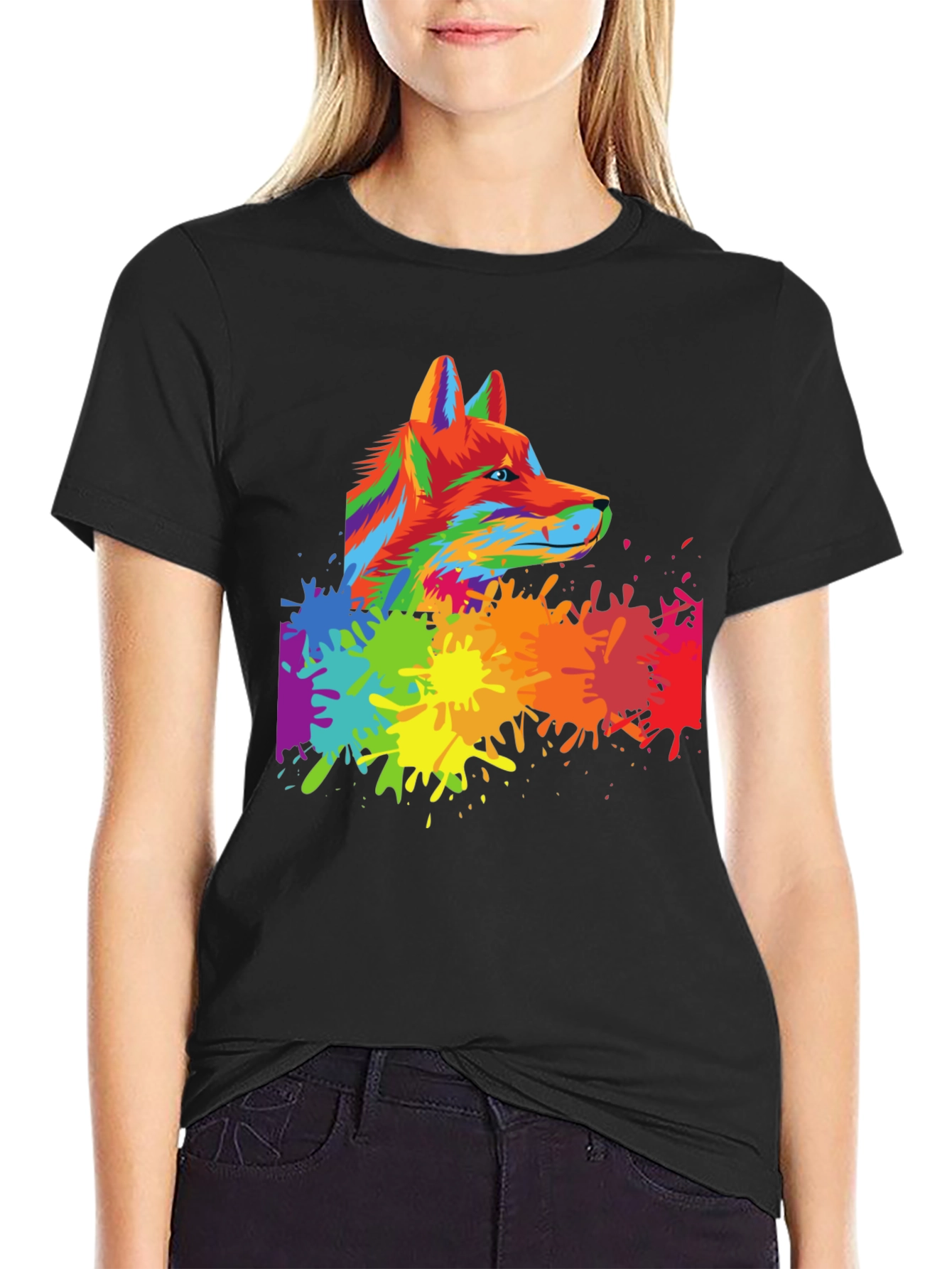 Colorful Wolf Graphic Tee - Trendy Animal Print Shirt