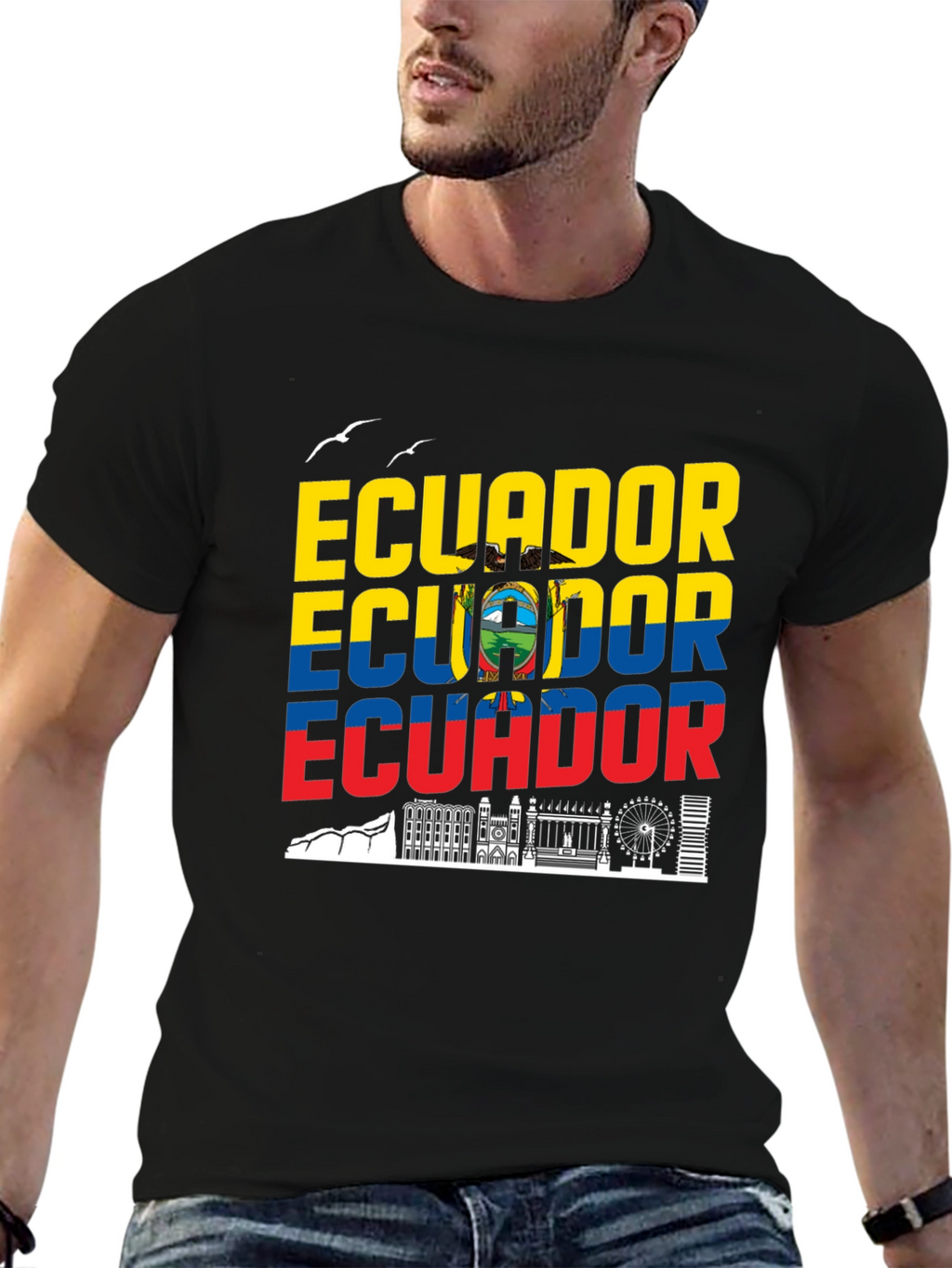 Ecuador Flag Skyline Graphic Print Black T-Shirt