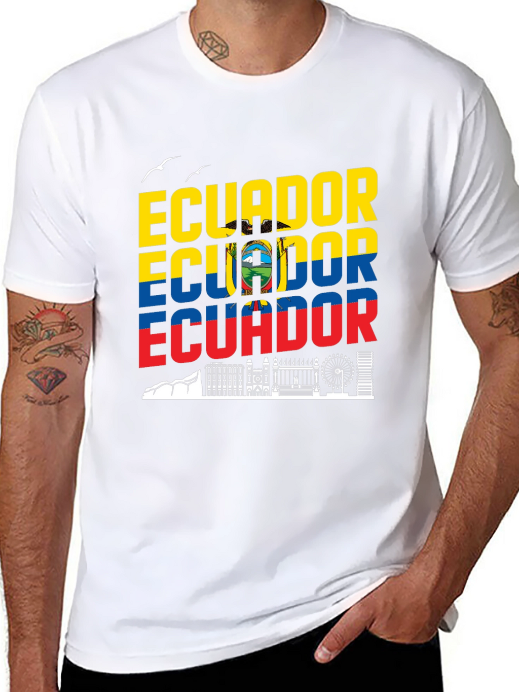 Ecuador Flag Skyline Graphic Print Black T-Shirt