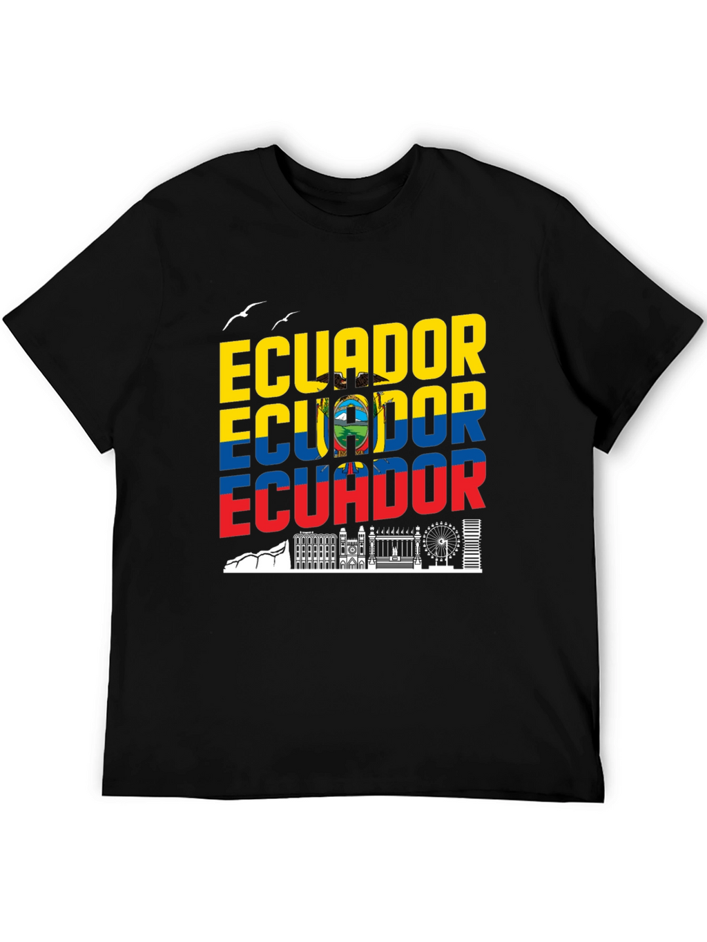 Ecuador Flag Skyline Graphic Print Black T-Shirt