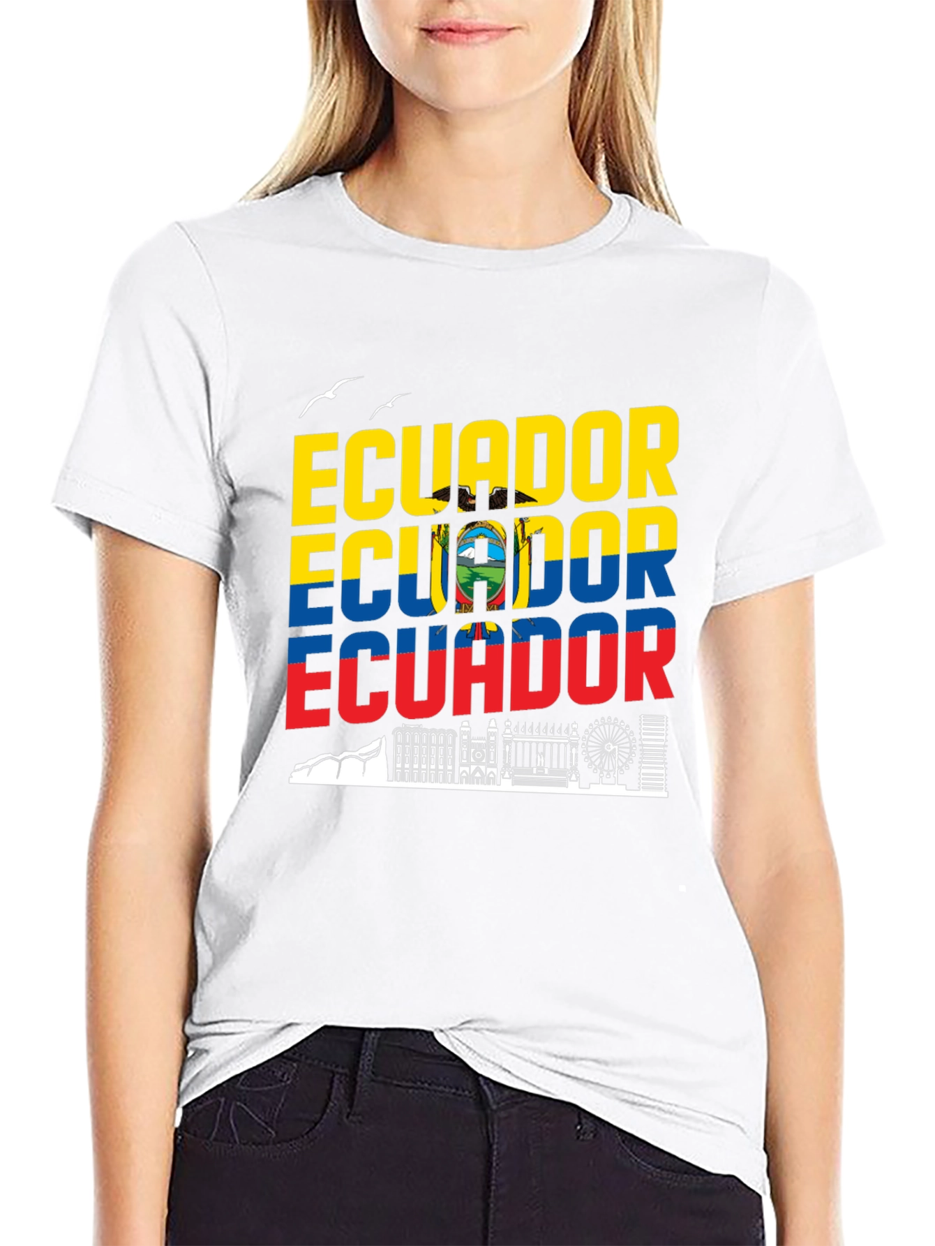 Ecuador Flag Skyline Graphic Print Black T-Shirt