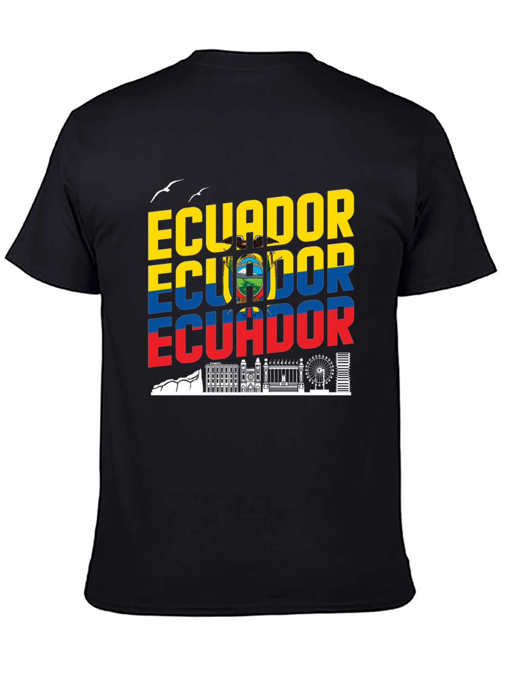 Ecuador Flag Skyline Graphic Print Black T-Shirt