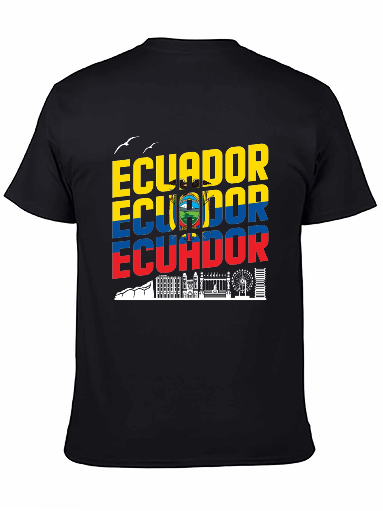 Ecuador Flag Skyline Graphic Print Black T-Shirt