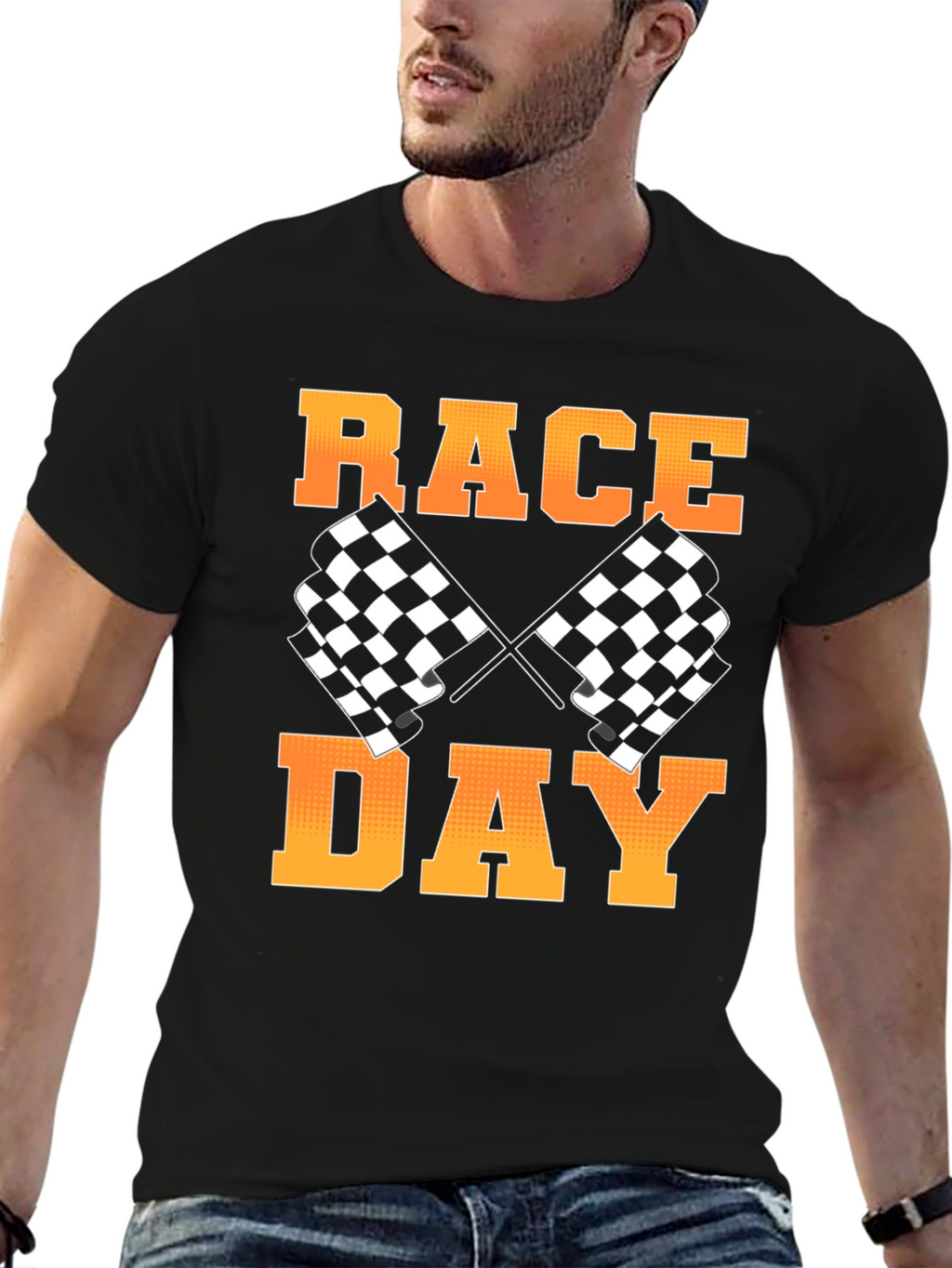 Race Day Black T-Shirt with Checkered Flags Design
