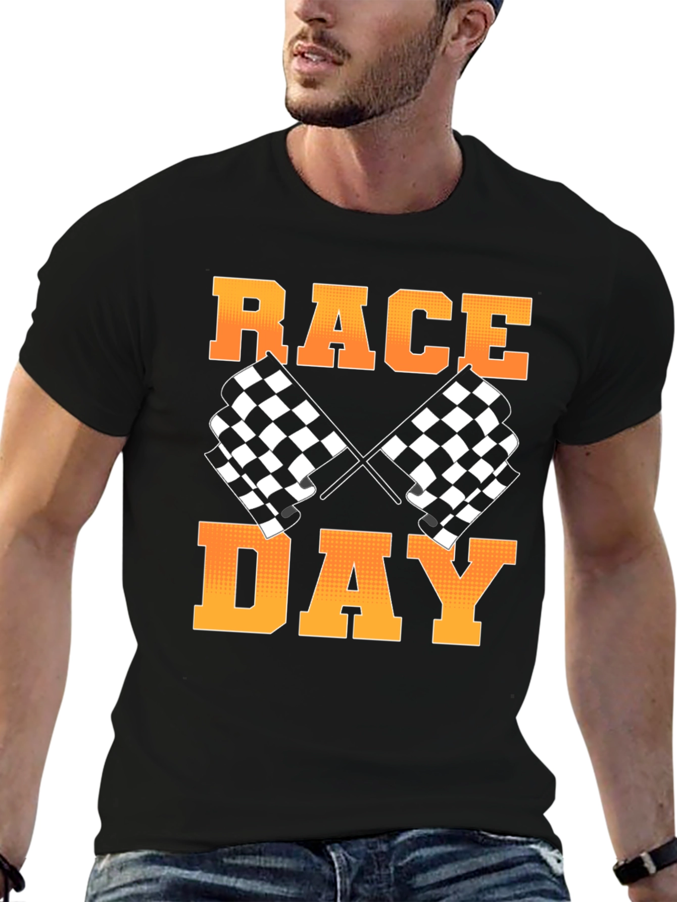 Race Day Black T-Shirt with Checkered Flags Design