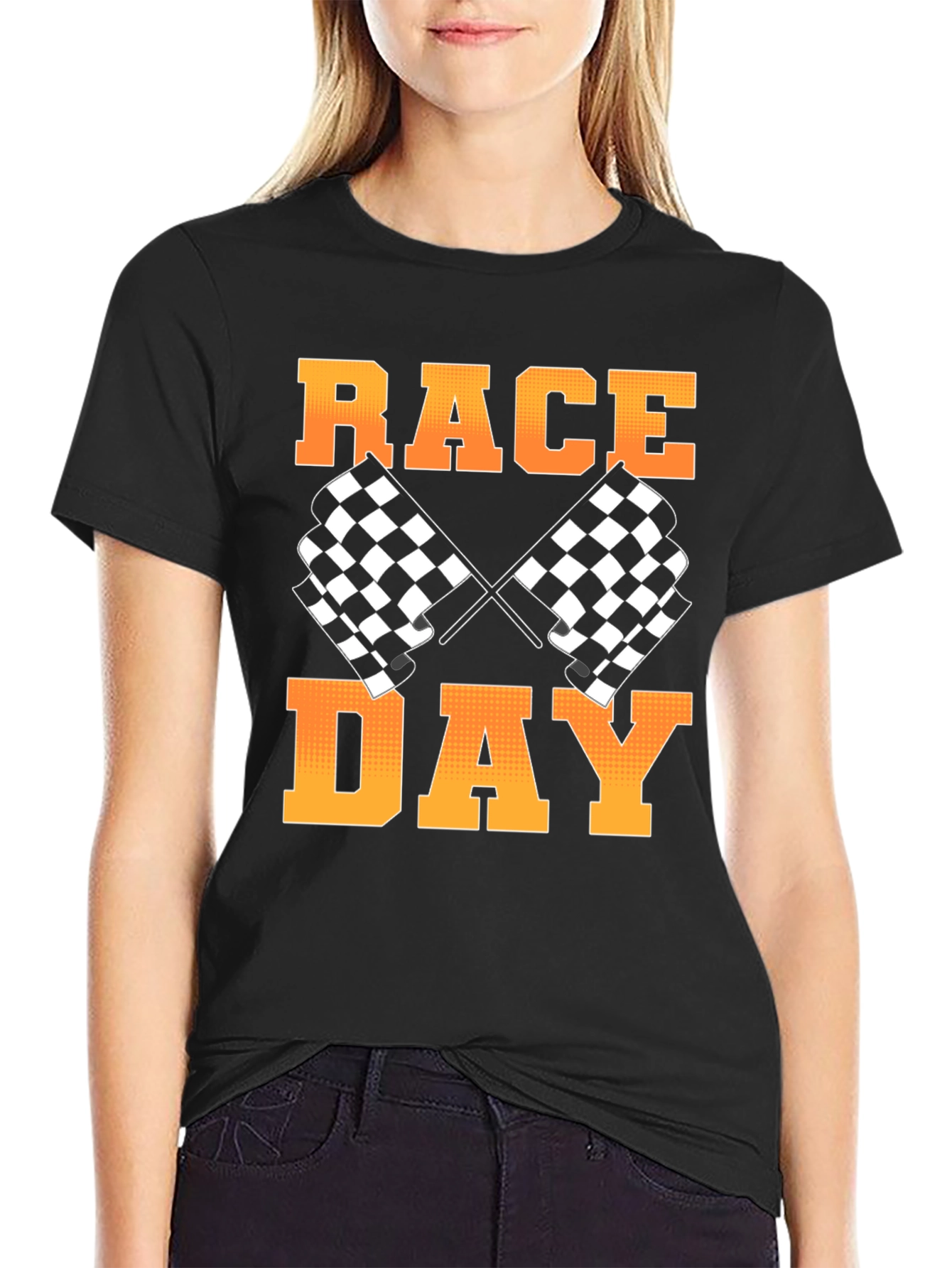 Race Day Black T-Shirt with Checkered Flags Design