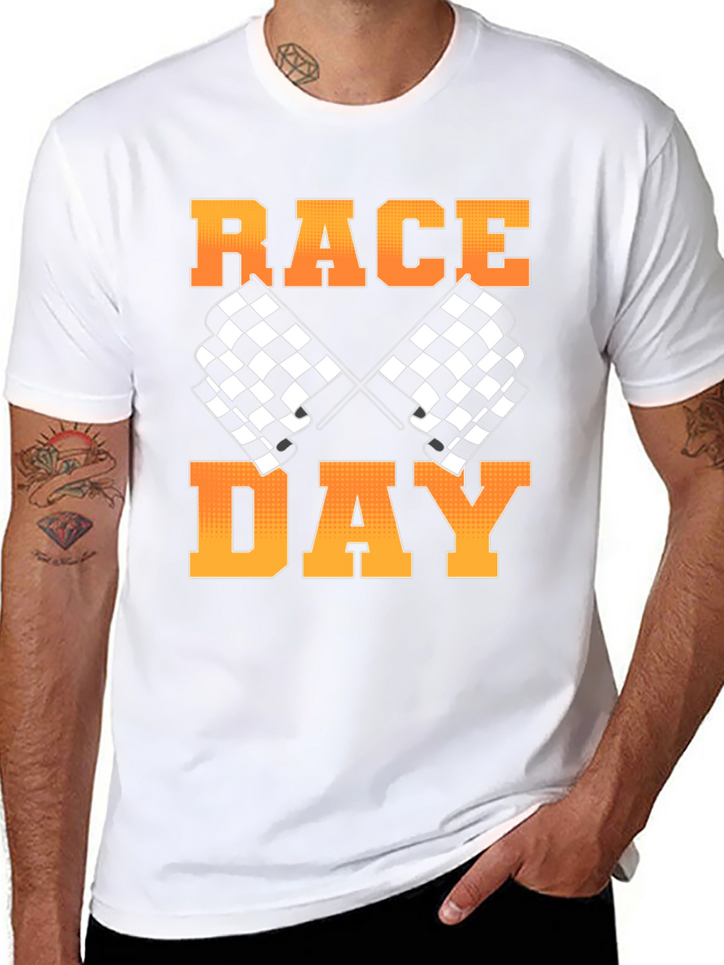 Race Day Black T-Shirt with Checkered Flags Design